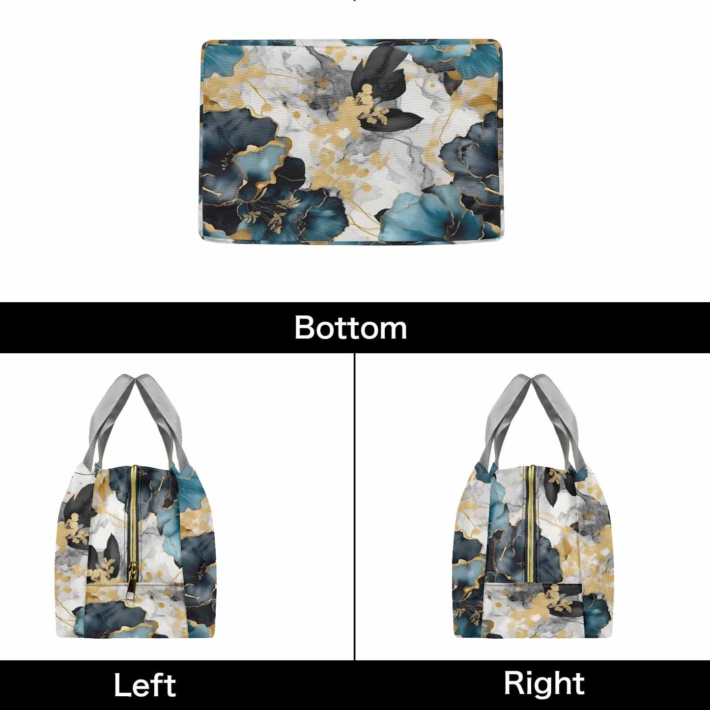 Blue & Gold Ink Floral  Portable Lunch Bag-Grey Handle