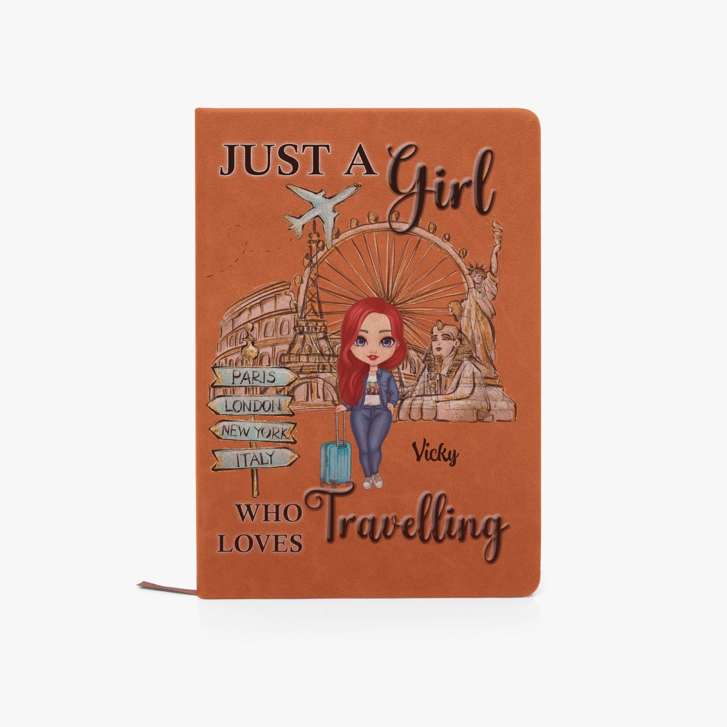 Personalised PU Leather Journal Notebook, Just a Girl who Loves Travelling, Red Hair