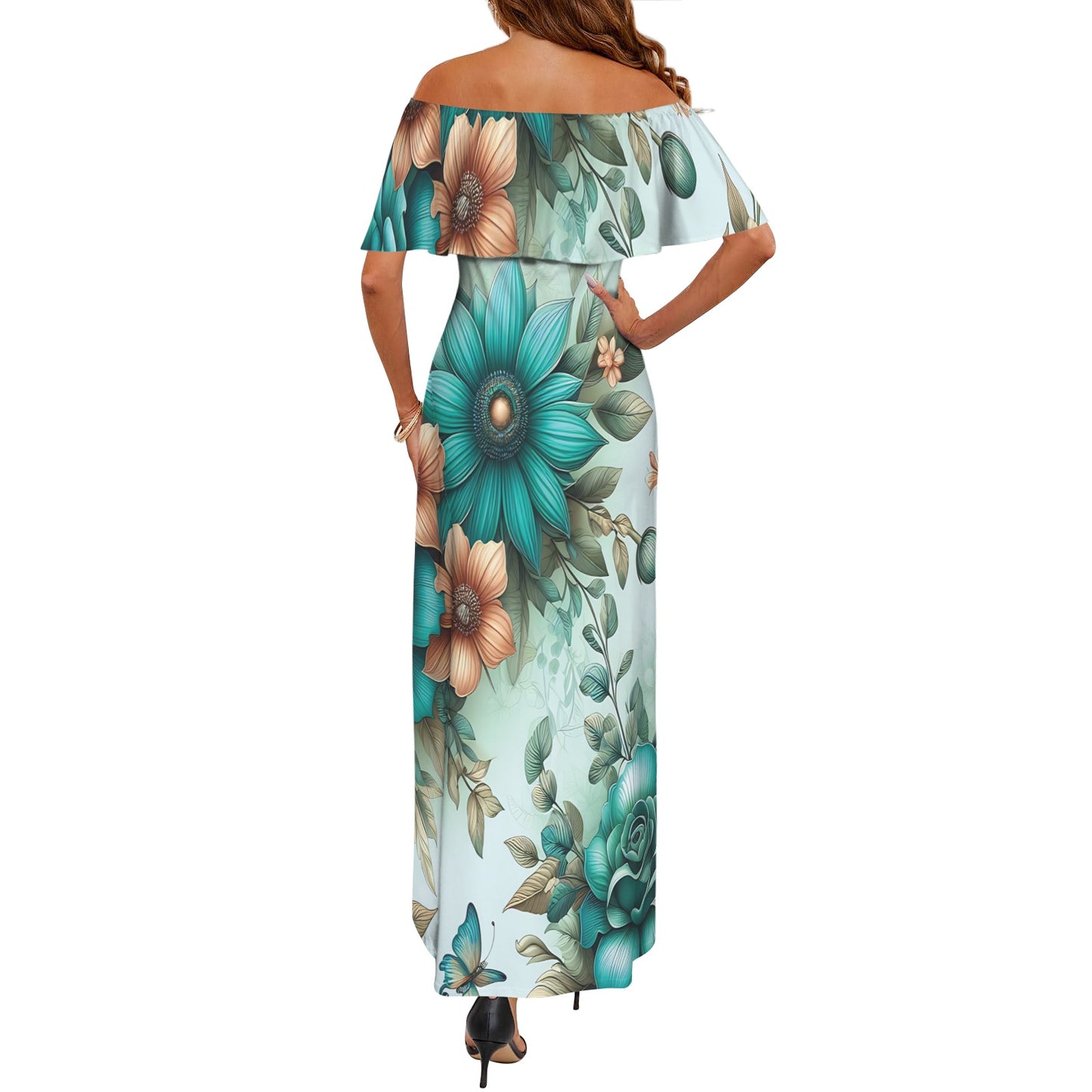 Green Floral awd438 Women's Off Shoulder Ruffle Boat Neck Dress (Model D71)