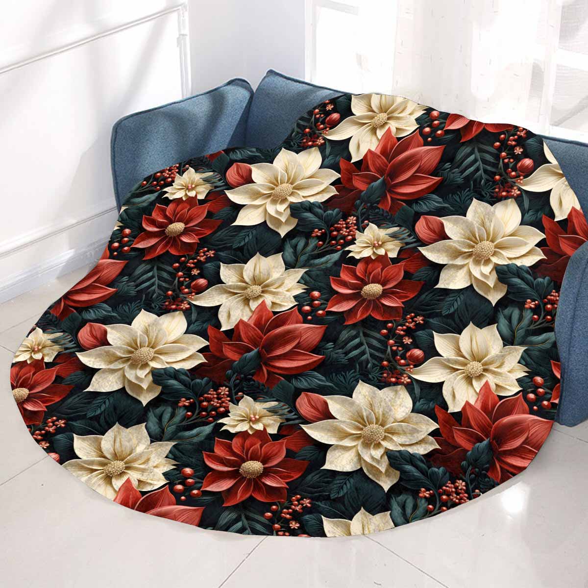 Red Poinsettia  Circular Micro Fleece Blanket 60"