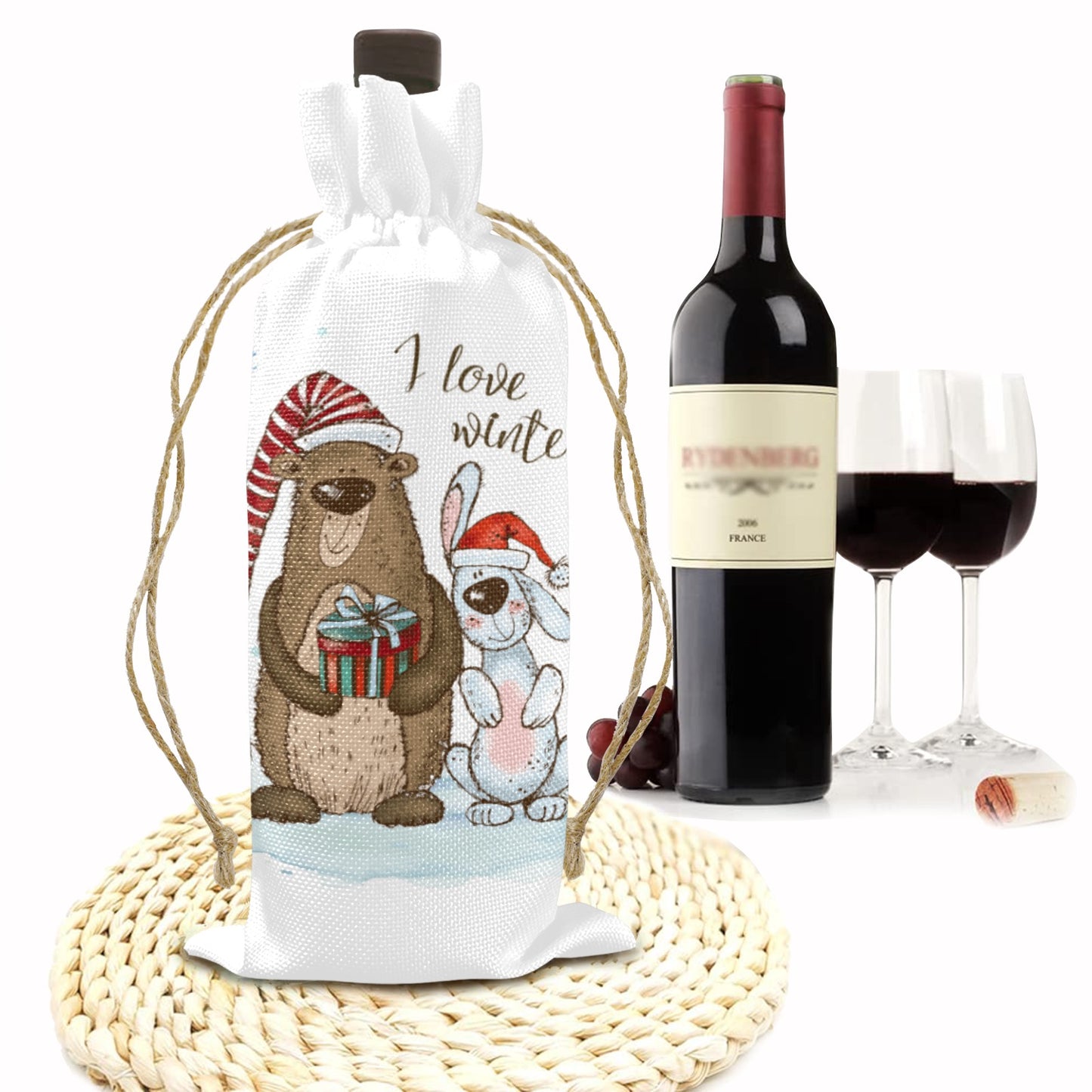 Whimsical Bear and Dog I Love Winter Linen Wine Bottle Bag