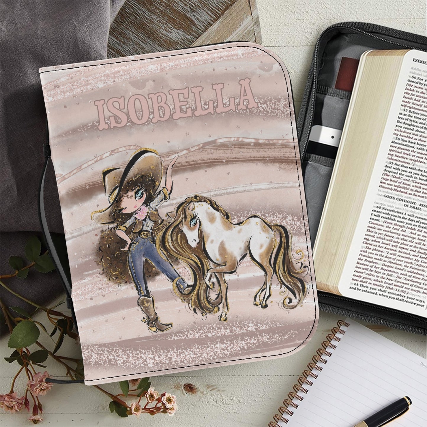 Book/Bible Cover, Howdy, Cowgirl and Horse, Brunette Curly Hair, Blue Eyes