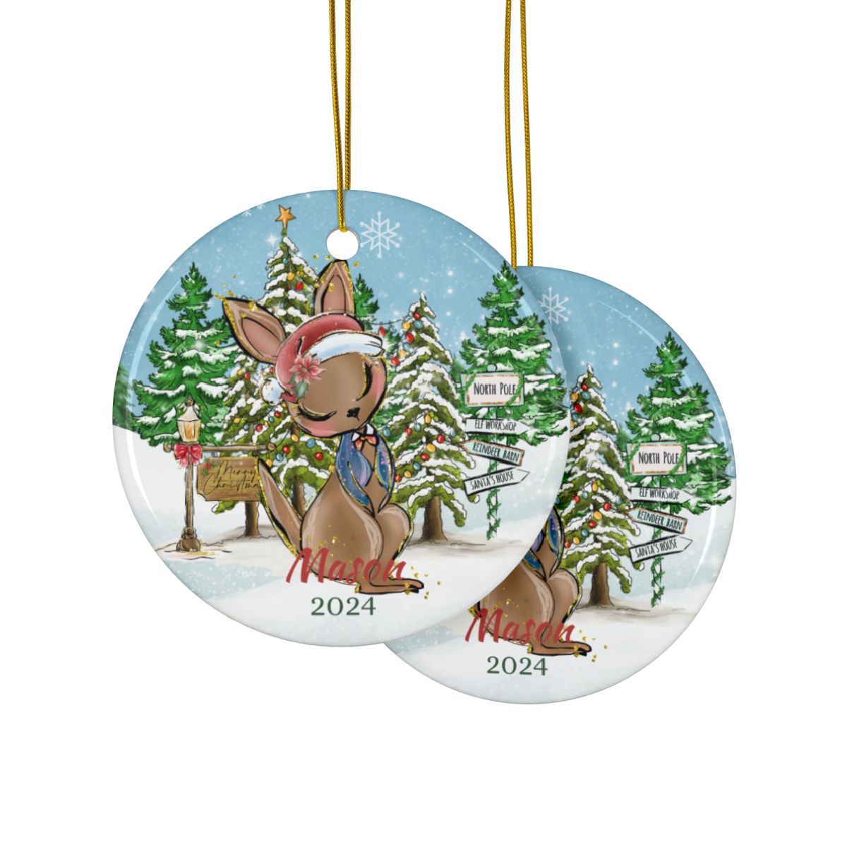 Personalized Christmas Ornament, Custom Kangaroo Ornament, Ceramic Holiday Keepsake, Cute Animal Decoration, Winter Wonderland Decor