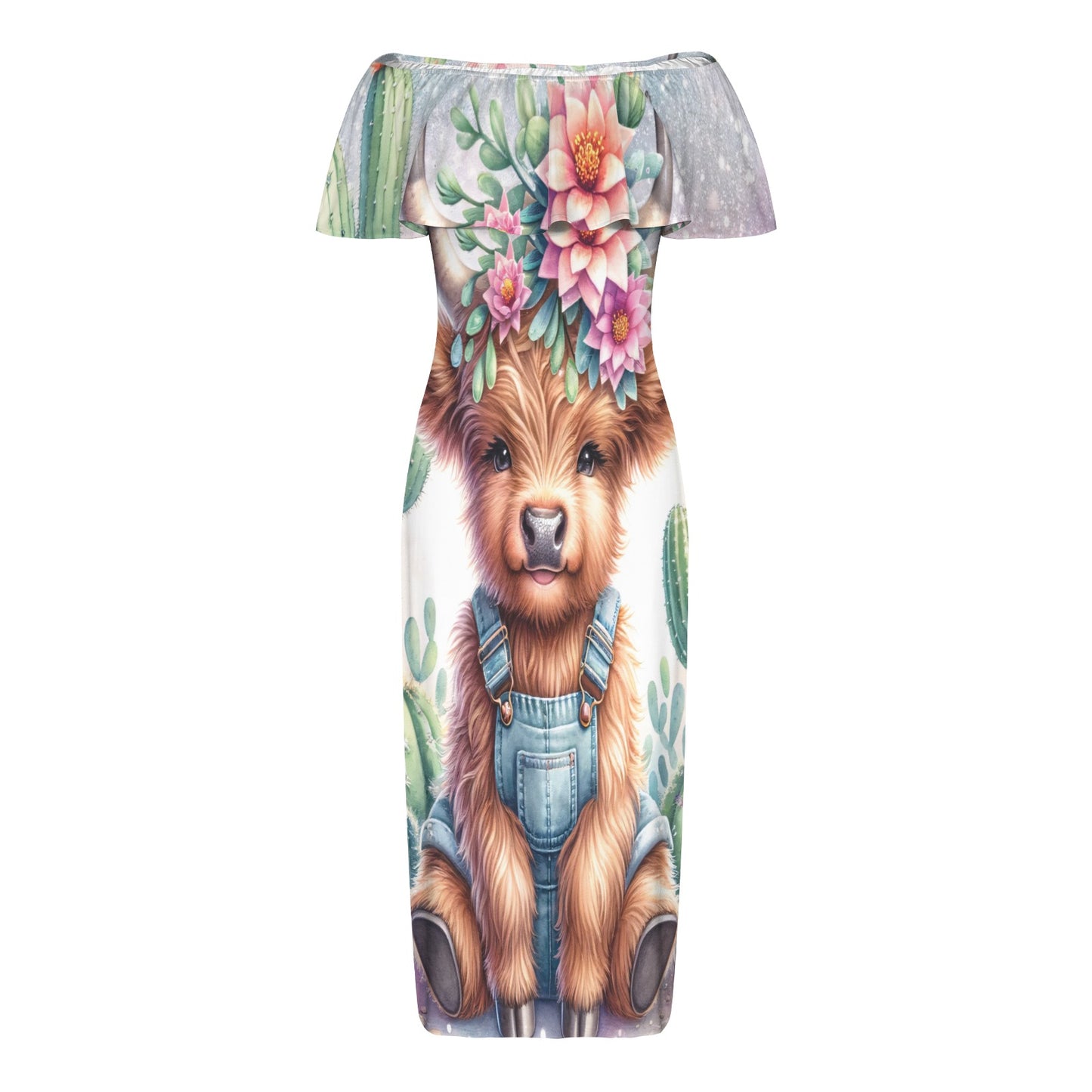 Highland Cow awd1160 Women's Off Shoulder Ruffle Boat Neck Dress (Model D71)
