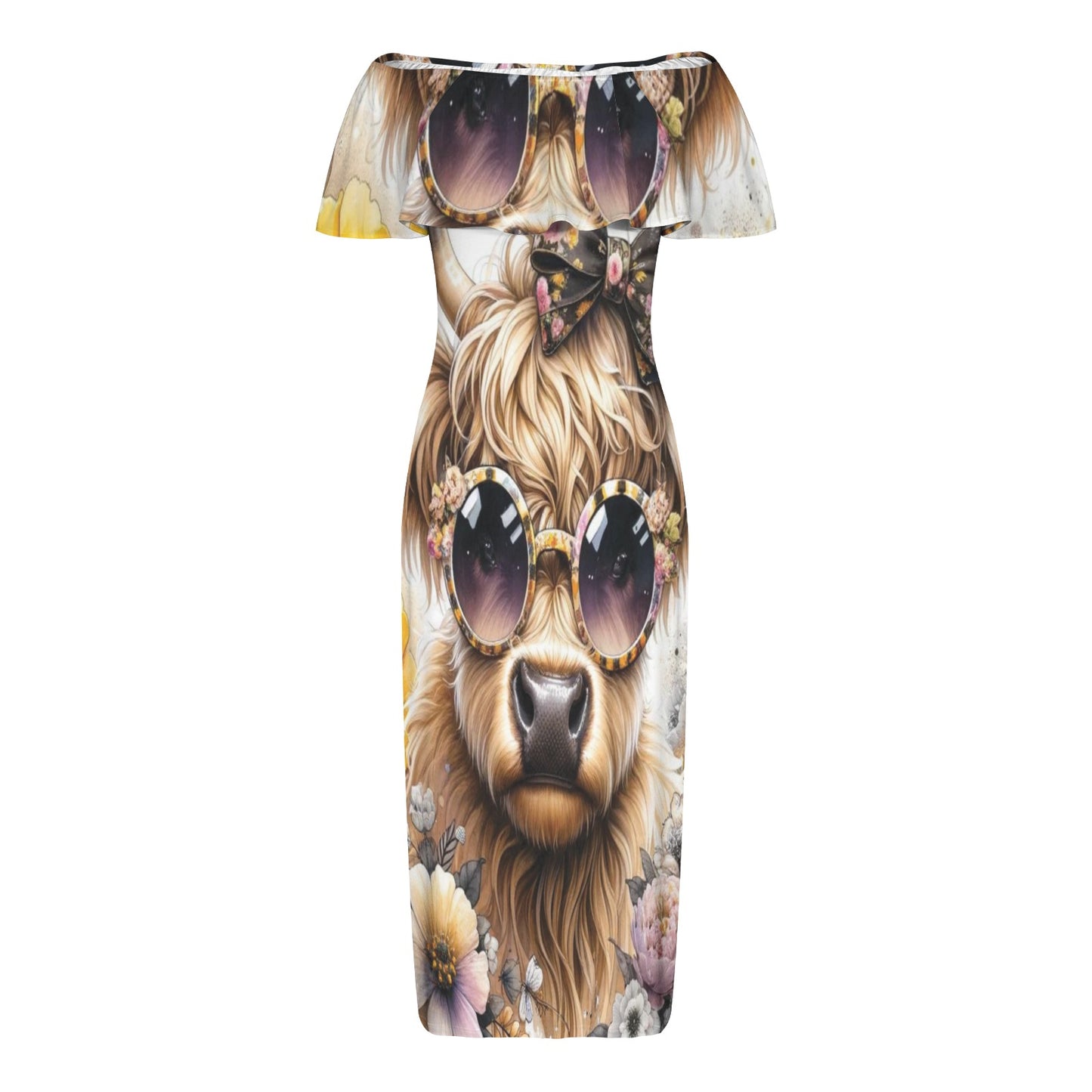 Highland Cow awd701 Women's Off Shoulder Ruffle Boat Neck Dress (Model D71)