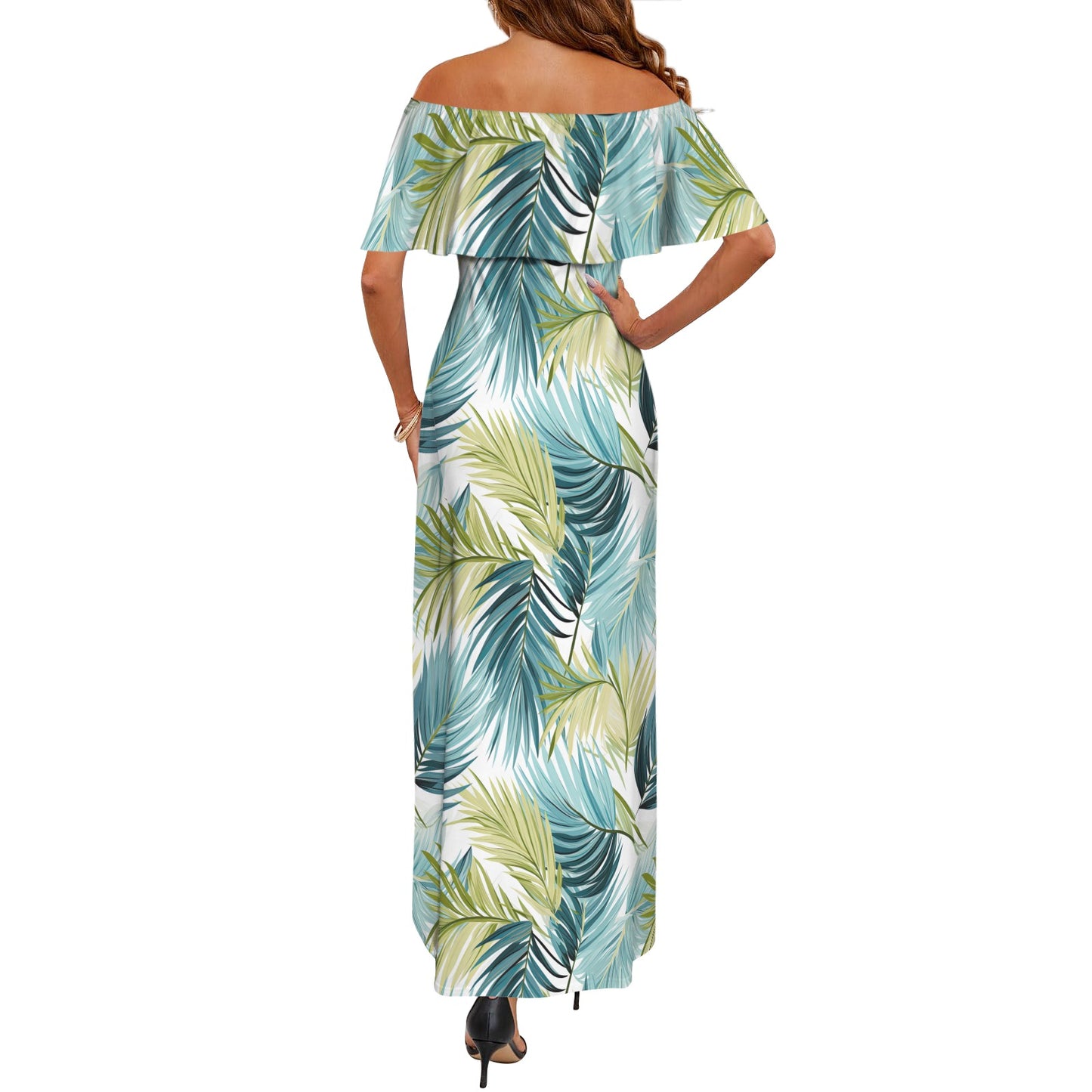 Palm Leaves Blue Green Women's Off Shoulder Ruffle Boat Neck Dress (Model D71)