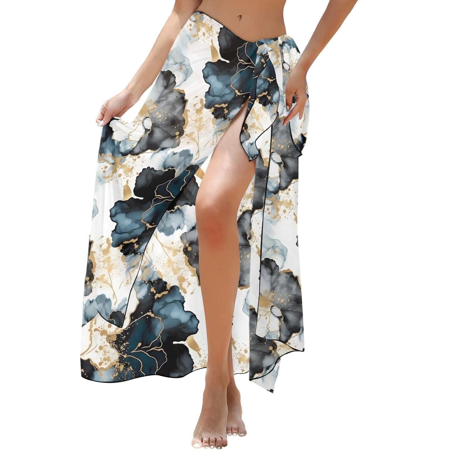 Black Ink Floral Long Beach Sarong Wrap