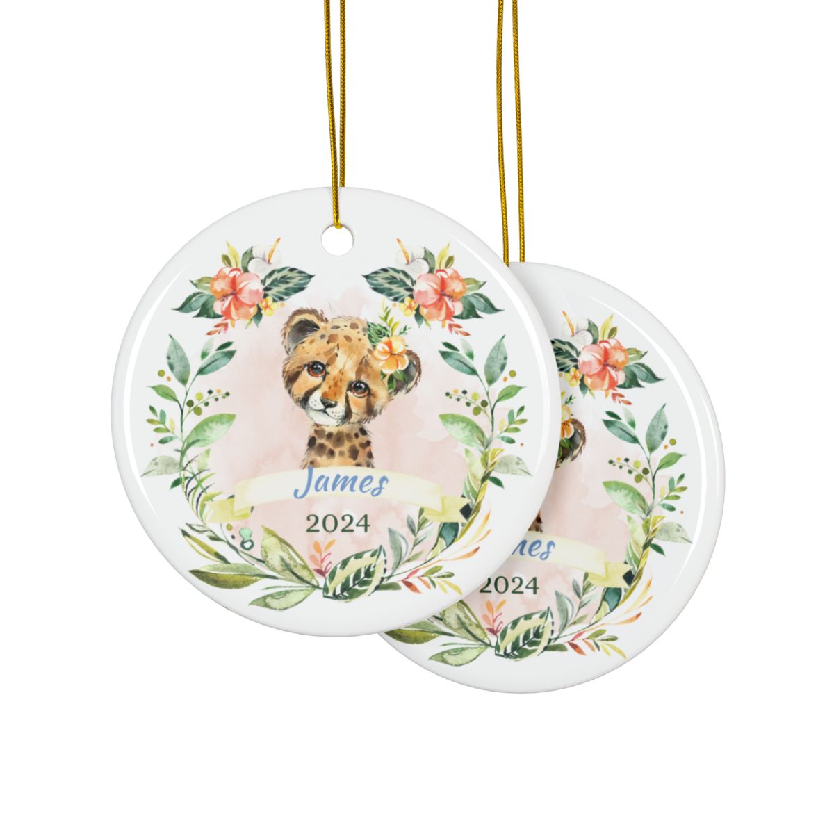 Pink Cheetah Christmas Ornament Personalised Ceramic Ornament