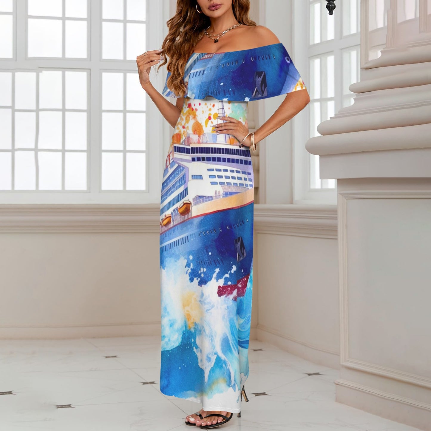 Just Cruisin 3 Women's Off Shoulder Ruffle Boat Neck Dress (Model D71)