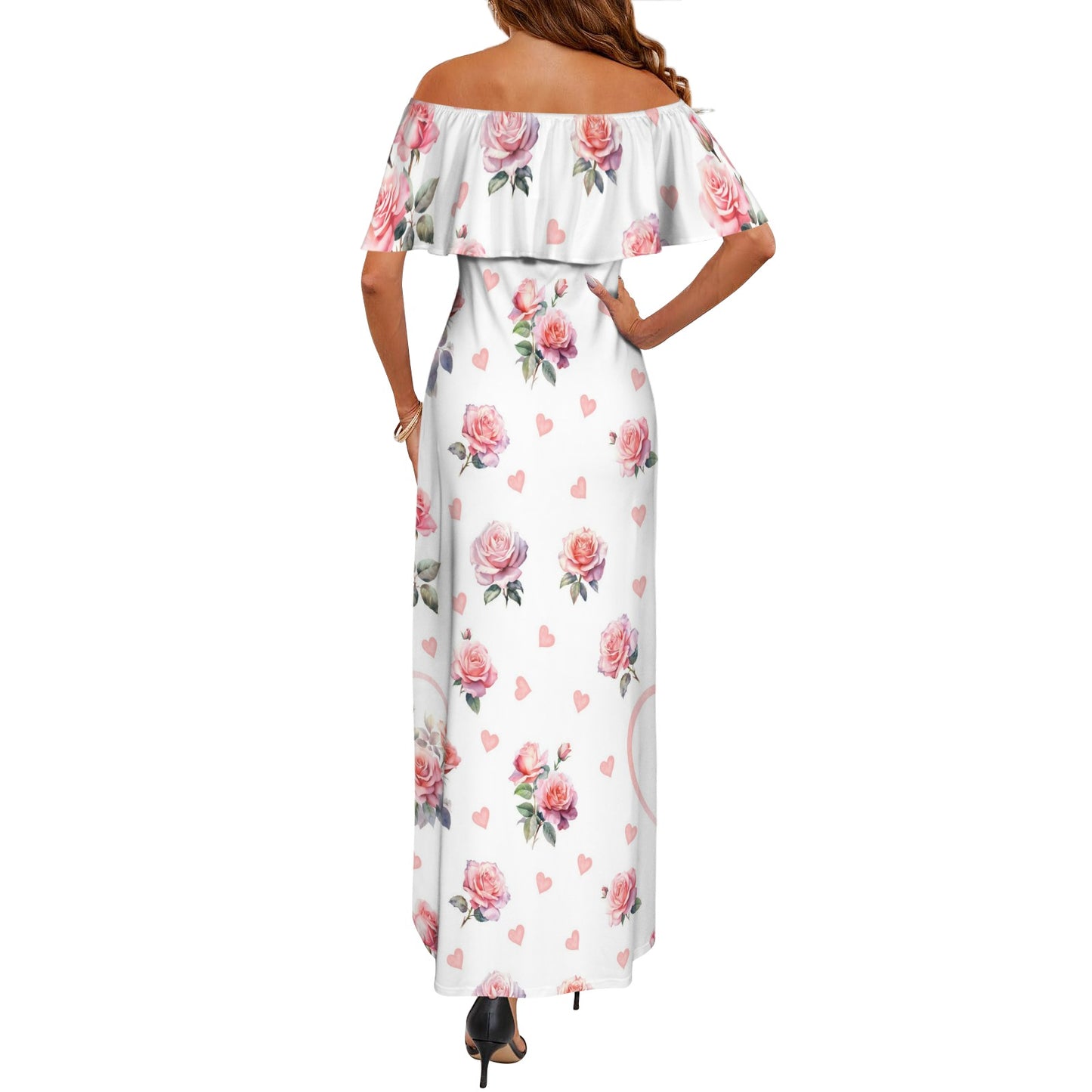 roses4 Women's Off Shoulder Ruffle Boat Neck Dress (Model D71)