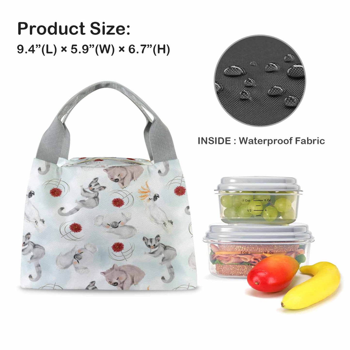 Australian Animals Koala, Sugar Glider, Wombat  Portable Lunch Bag-Grey Handle