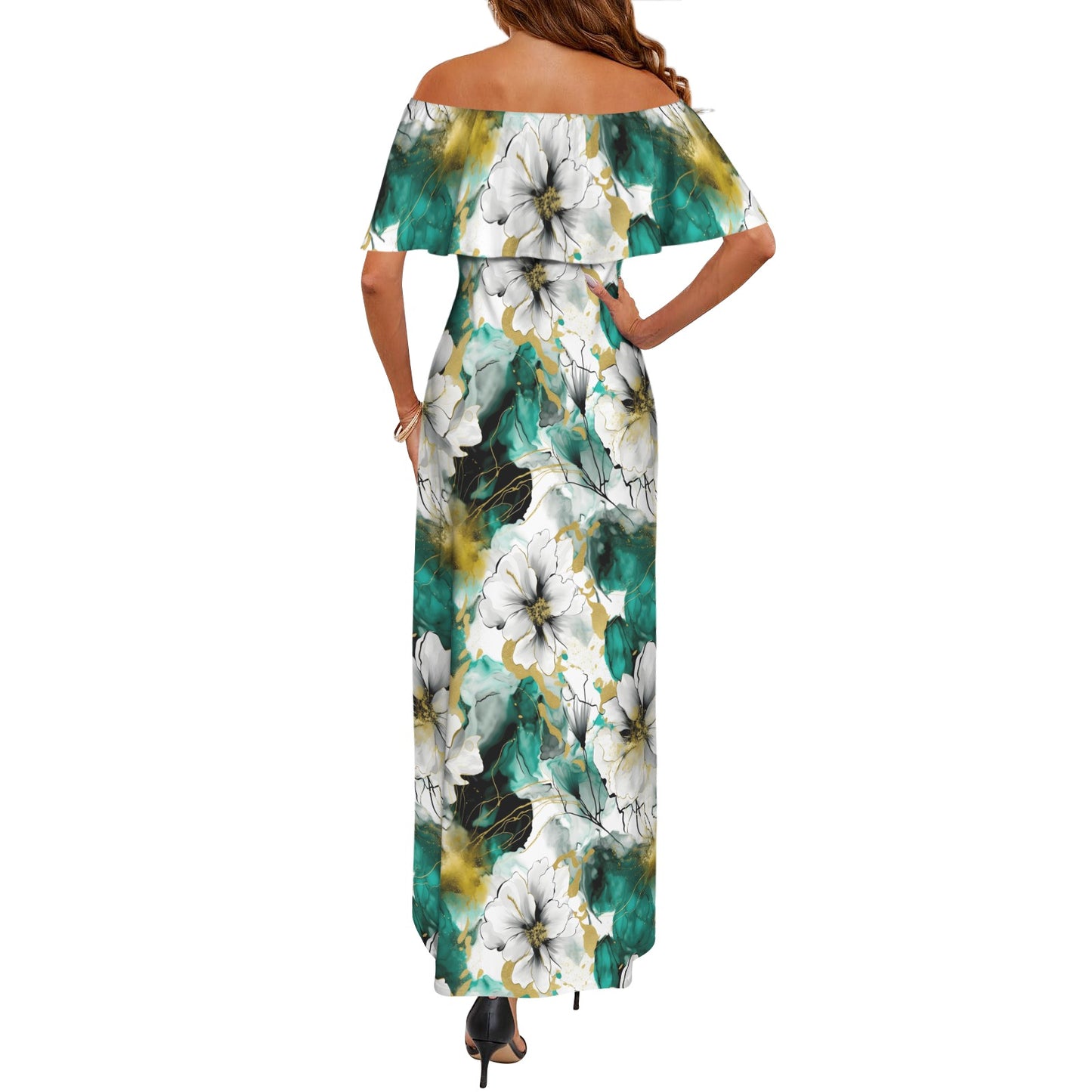 Green and White Ink Floral Women's Off Shoulder Ruffle Boat Neck Dress (Model D71)