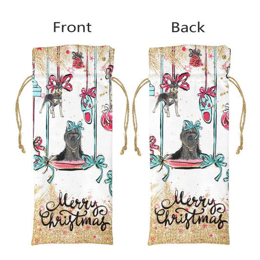 Merry-Xmas Doggie Baubles Linen Wine Bottle Bag