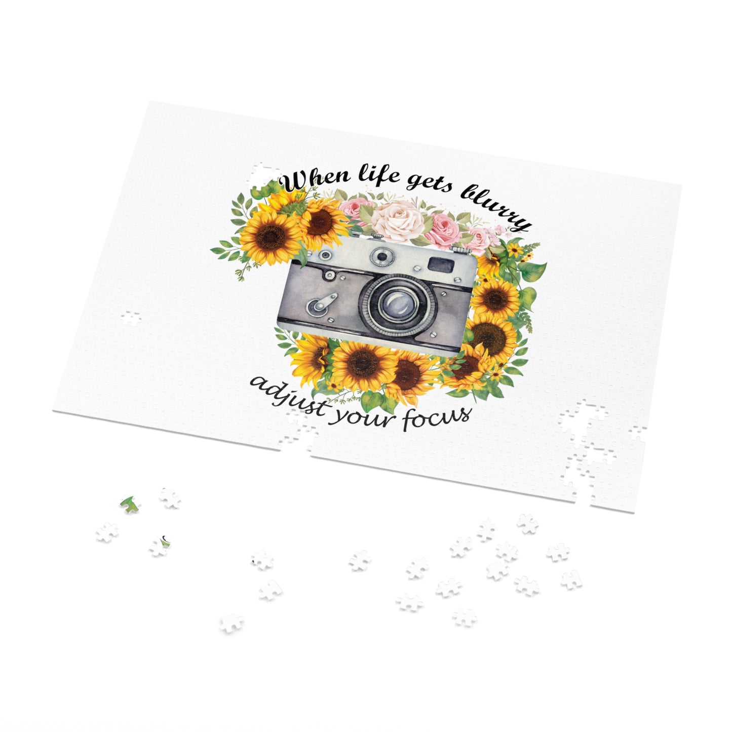 Jigsaw Puzzle, Sunflower, Camera, When life gets blurry adjust your focus, Personalised/Non-Personalised (30, 110, 252, 500,1000-Piece)