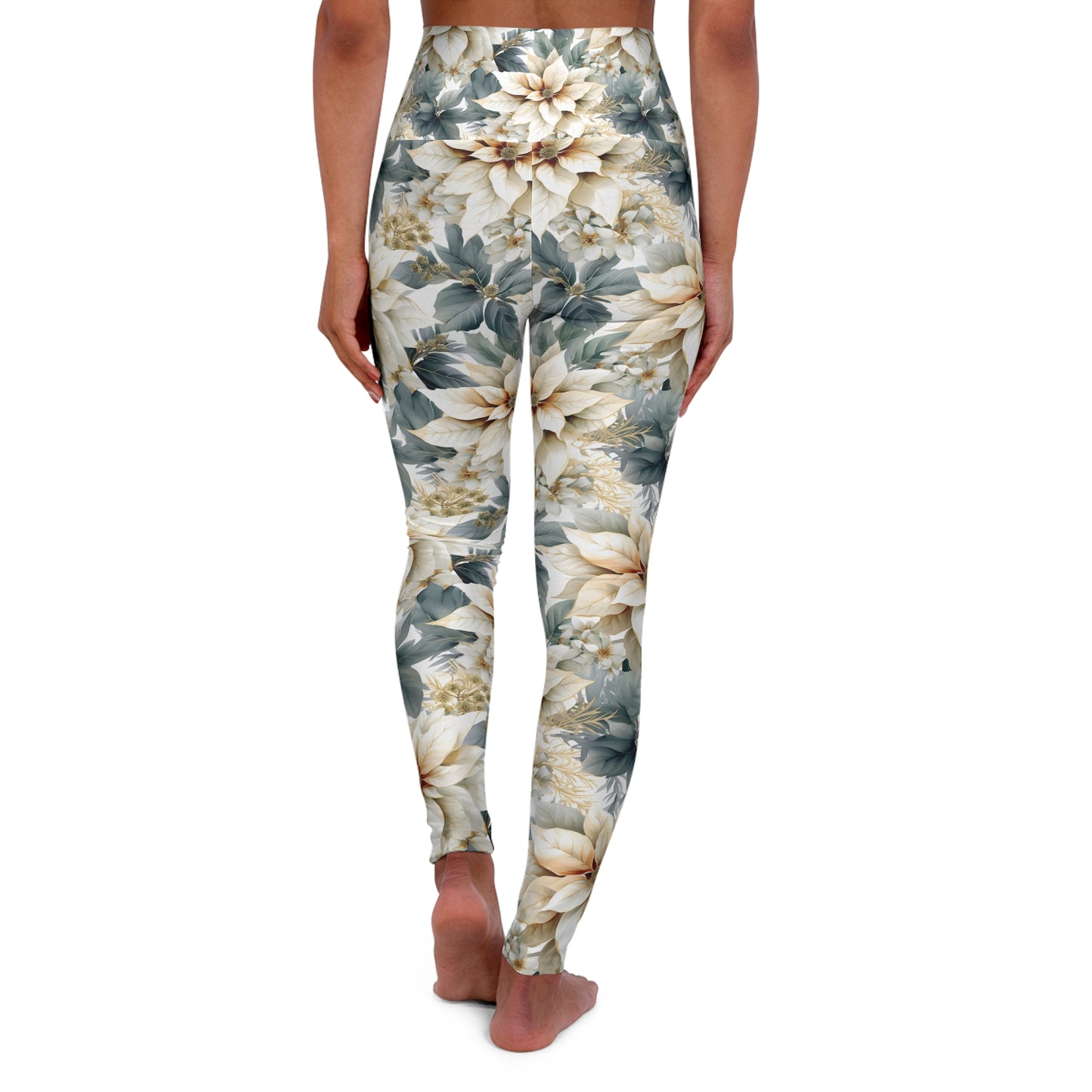 High Waisted Yoga Leggings White Poinsettia Lge Flower