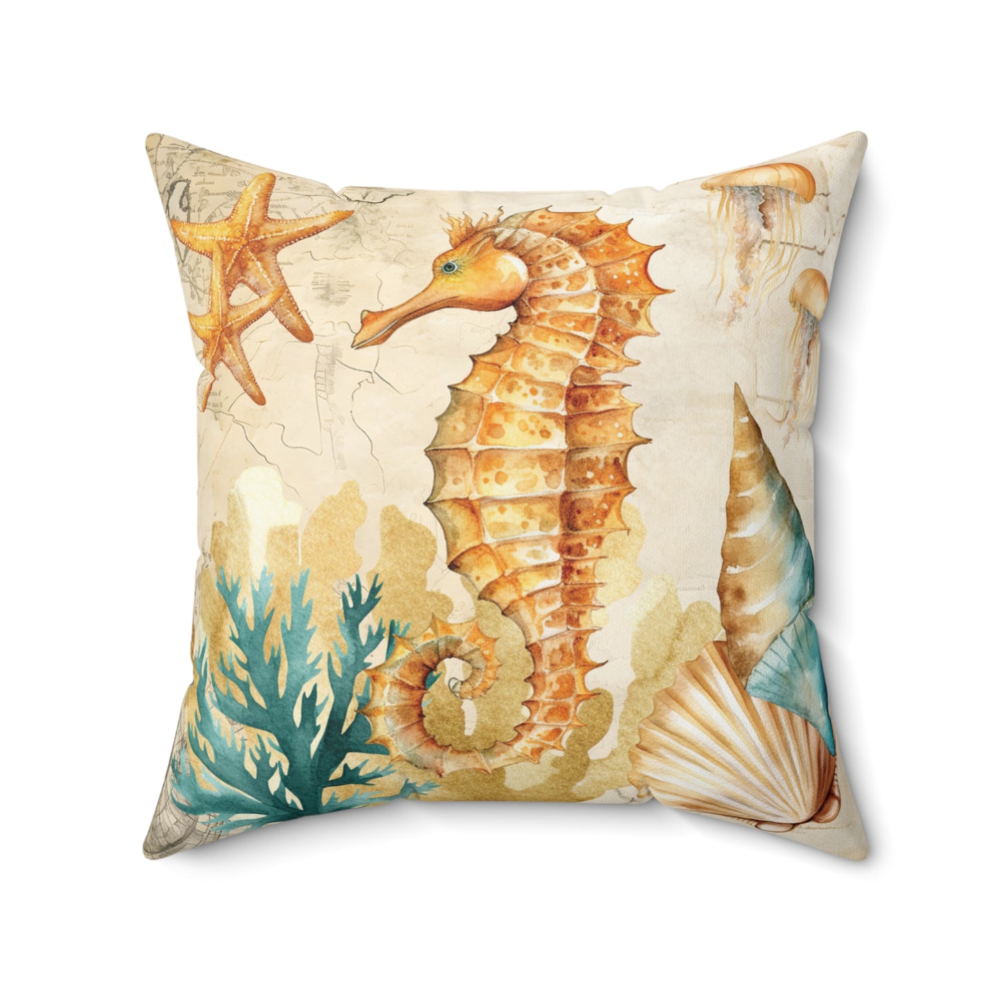 Nautical Polyester Square Cushion, Nautical cushion, Natural Seahorse