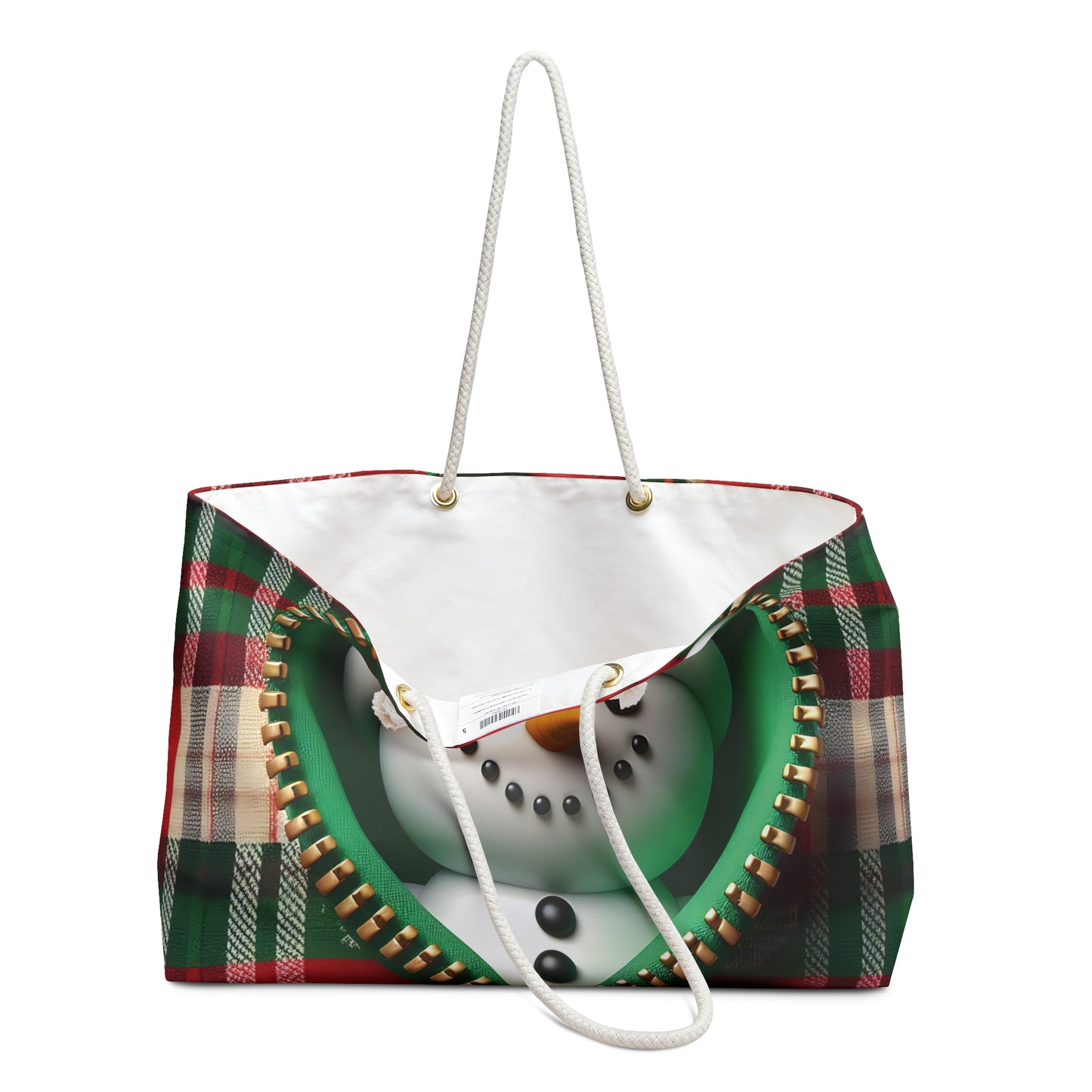 Personalised/Non-Personalised Weekender Bag, Cute Snowman, Christmas, Tartan, Large Weekender Bag, Beach Bag, Book Bag