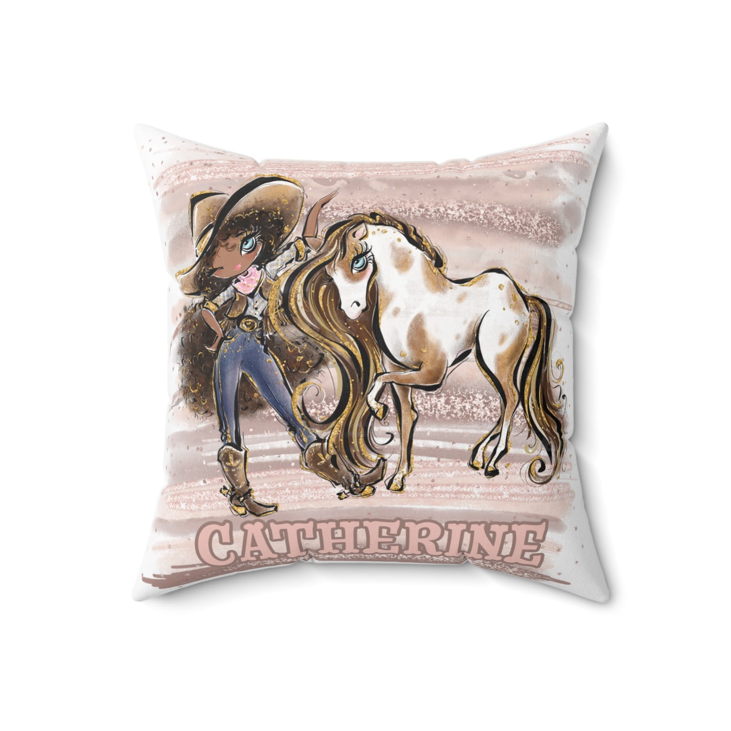 Personalised Cowgirl and Horse Cushion,  Brown Curly Hair, Olive Skin, Blue Eyes, Polyester Square Cushion, Christmas cushion