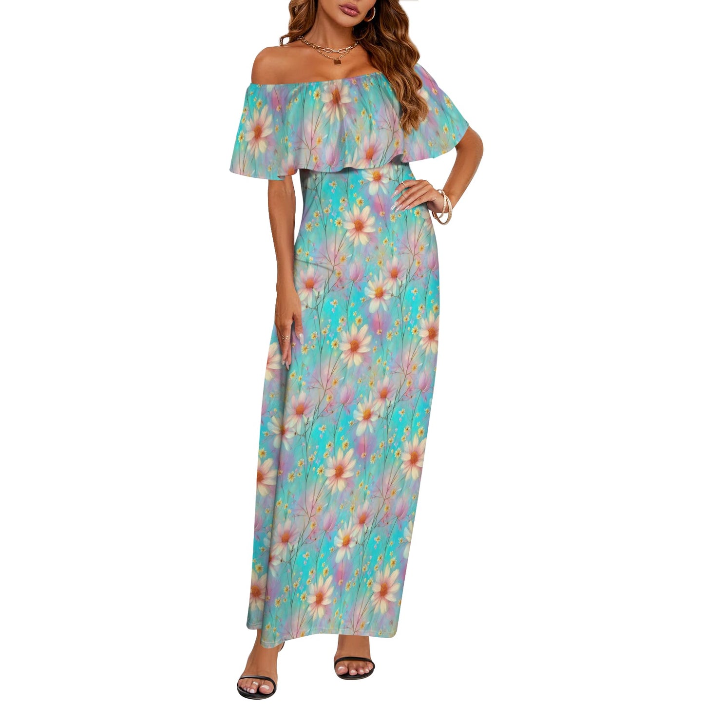 Green Floral Women's Off Shoulder Ruffle Boat Neck Dress (Model D71)