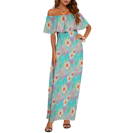 Green Floral Women's Off Shoulder Ruffle Boat Neck Dress (Model D71)