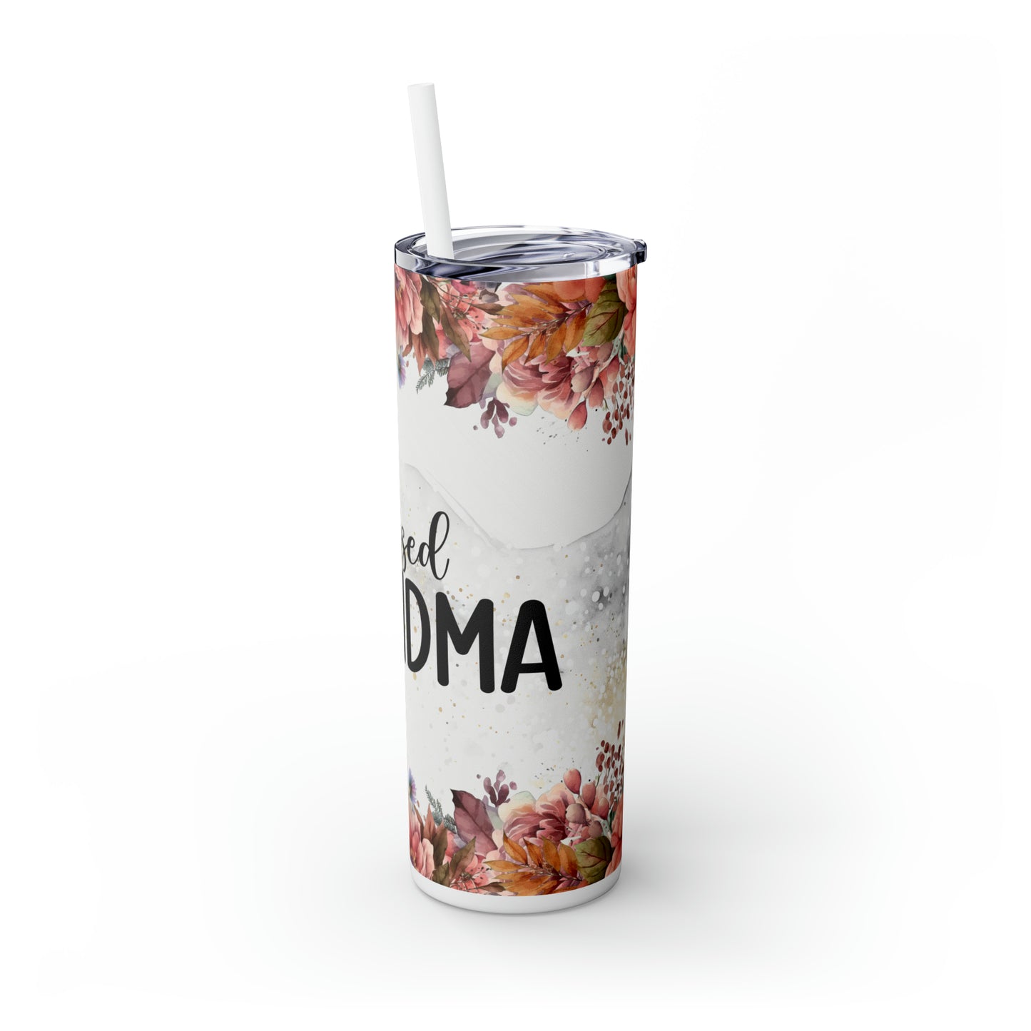 Skinny Tumbler with Straw, 20oz, Floral, Quote, Blessed Grandma, awd-730