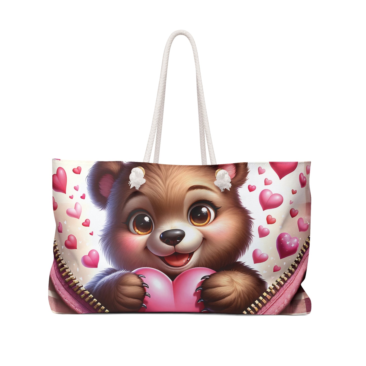 Personalised/Non-Personalised Weekender Bag, Cute Bear, Zipper, Valentines Day, Large Weekender Bag, Beach Bag, Book Bag