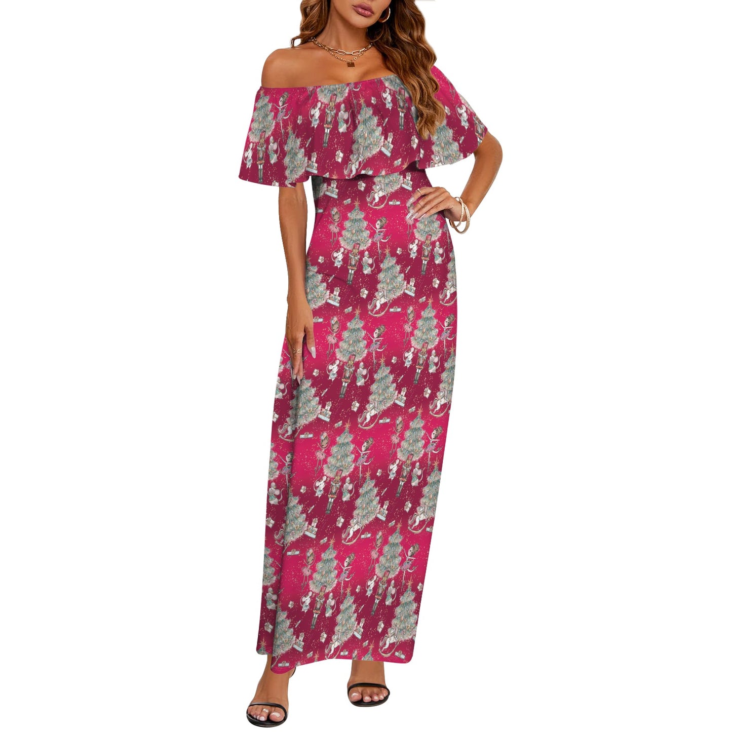 Red christmas Women's Off Shoulder Ruffle Boat Neck Dress (Model D71)