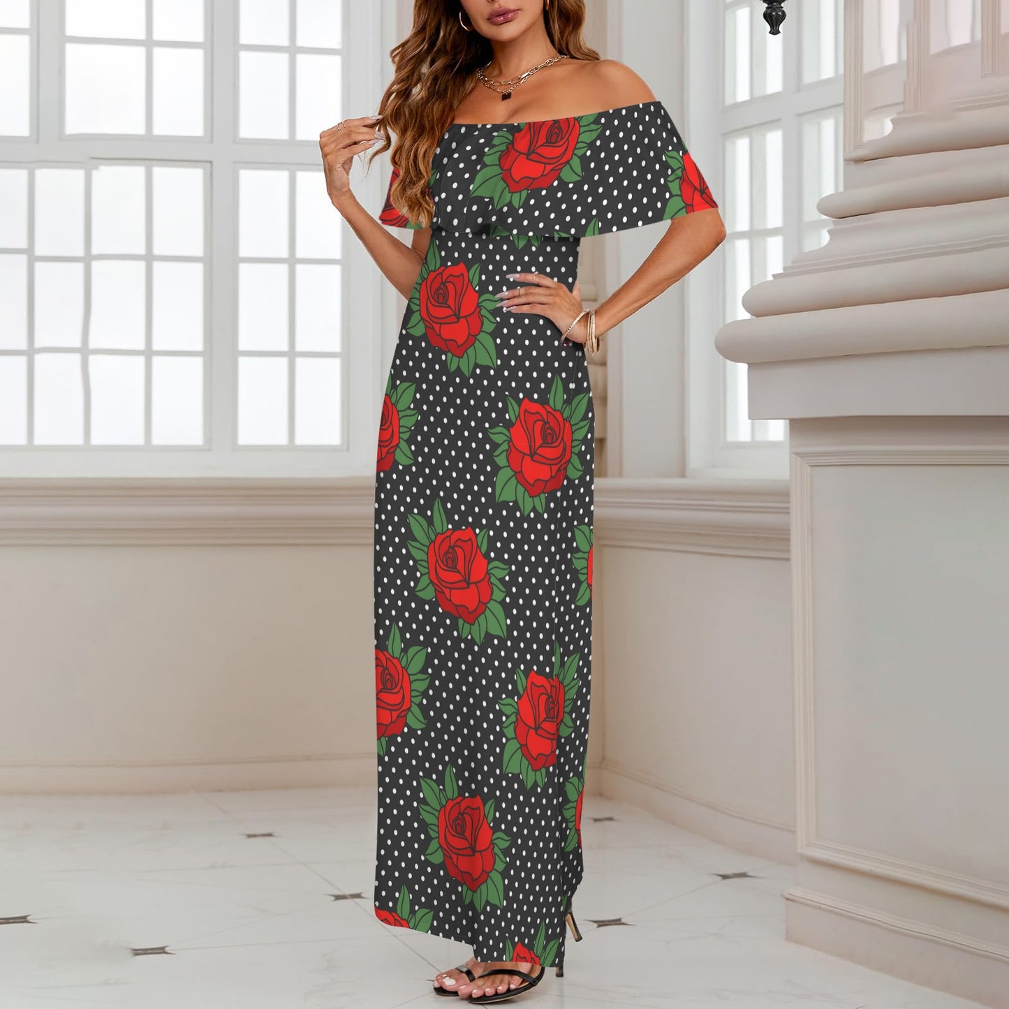 Rockabilly Roses- Red Black White Women's Off Shoulder Ruffle Boat Neck Dress (Model D71)