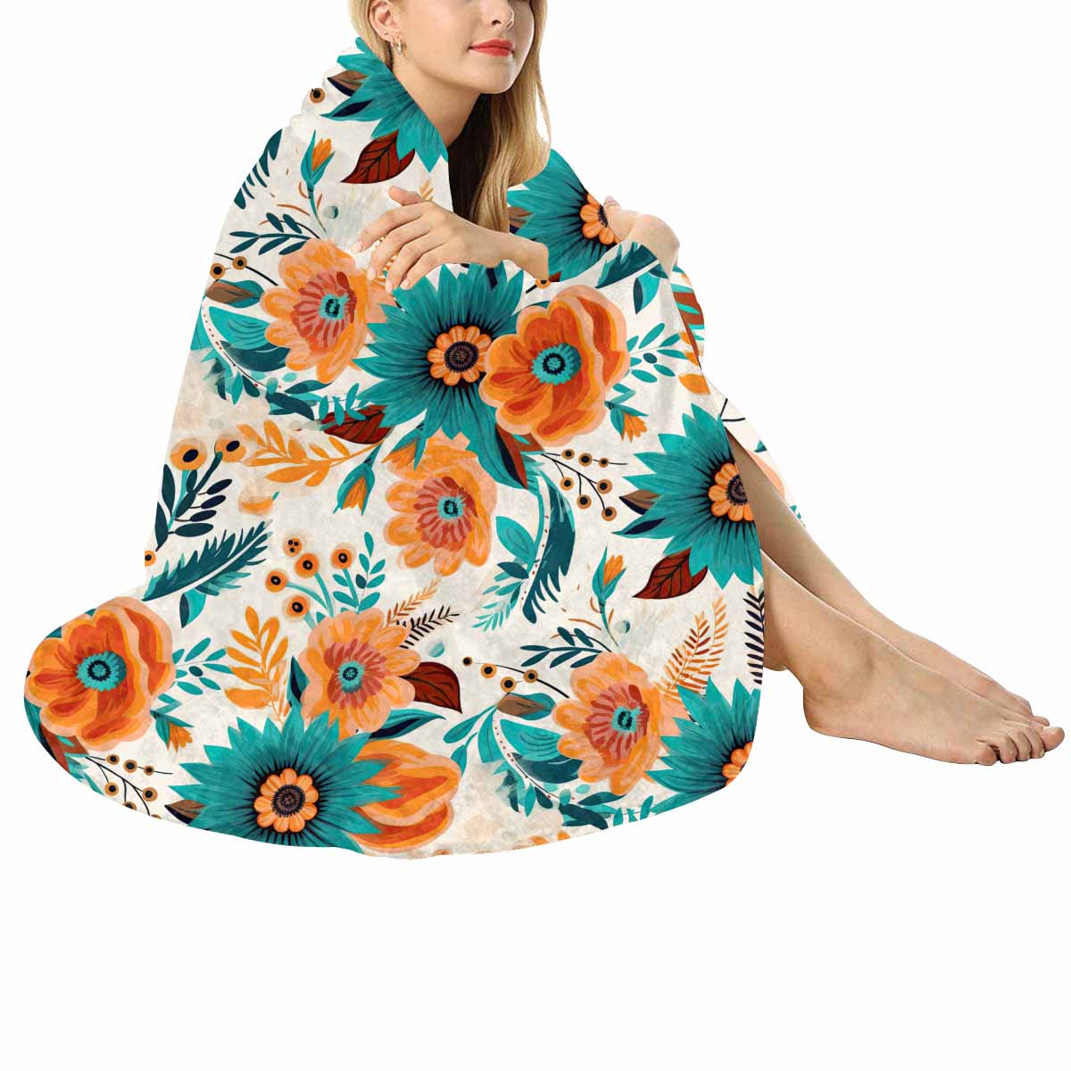 Boho Retro Floral  Circular Micro Fleece Blanket 47"