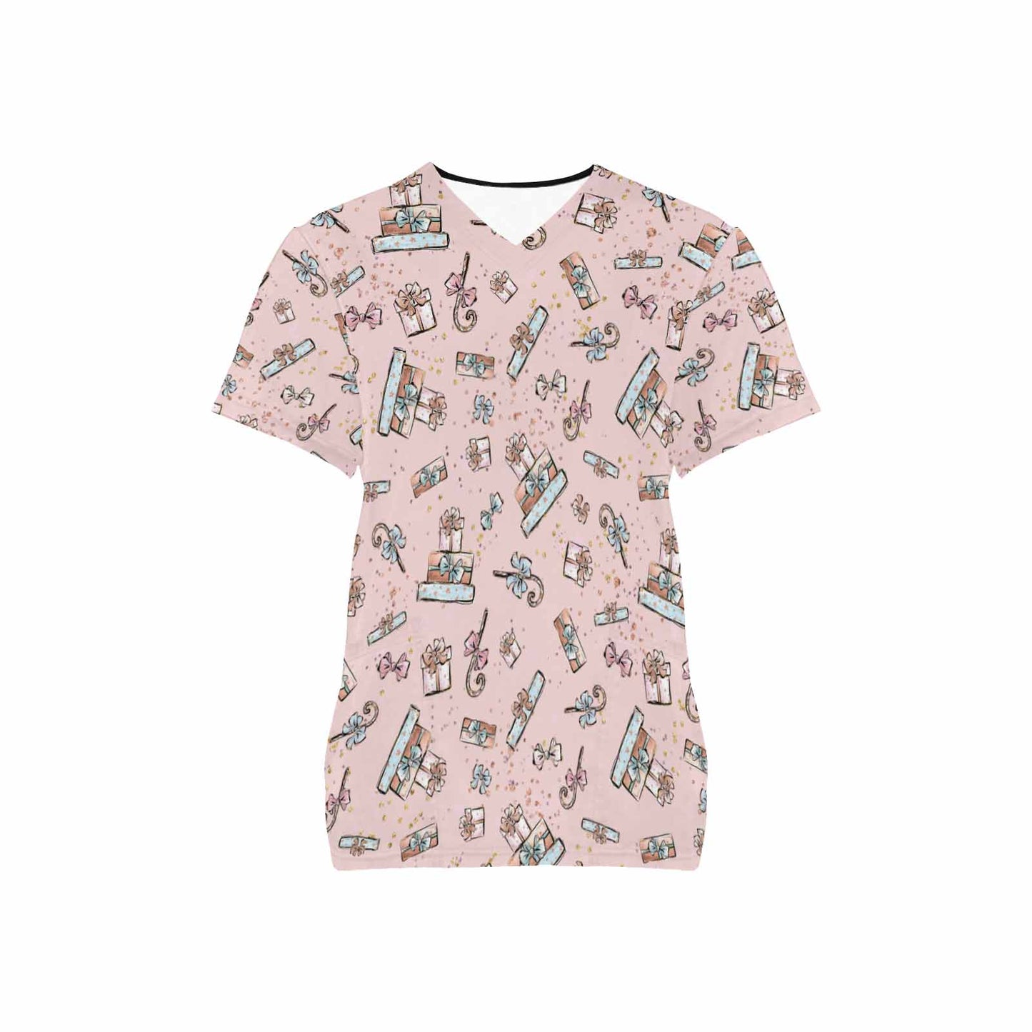 Pink Christmas Presents  Women's V Neck Scrub Top Nurse Uniform with Deep Front Pockets