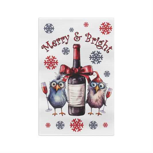 Microfiber Tea Towel, Merry & Bright Christmas Birds