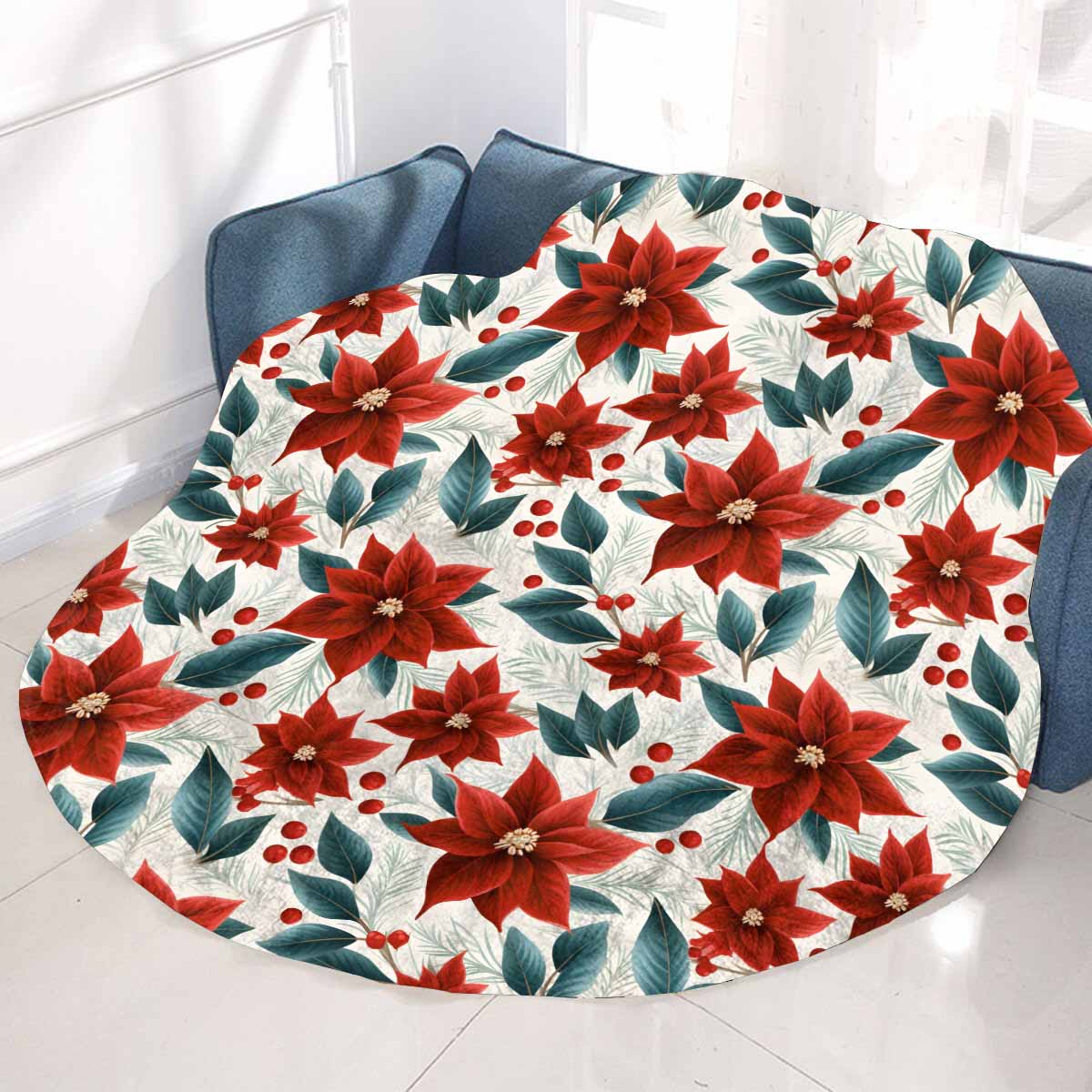 Christmas Red Poinsettia  Circular Micro Fleece Blanket 60"