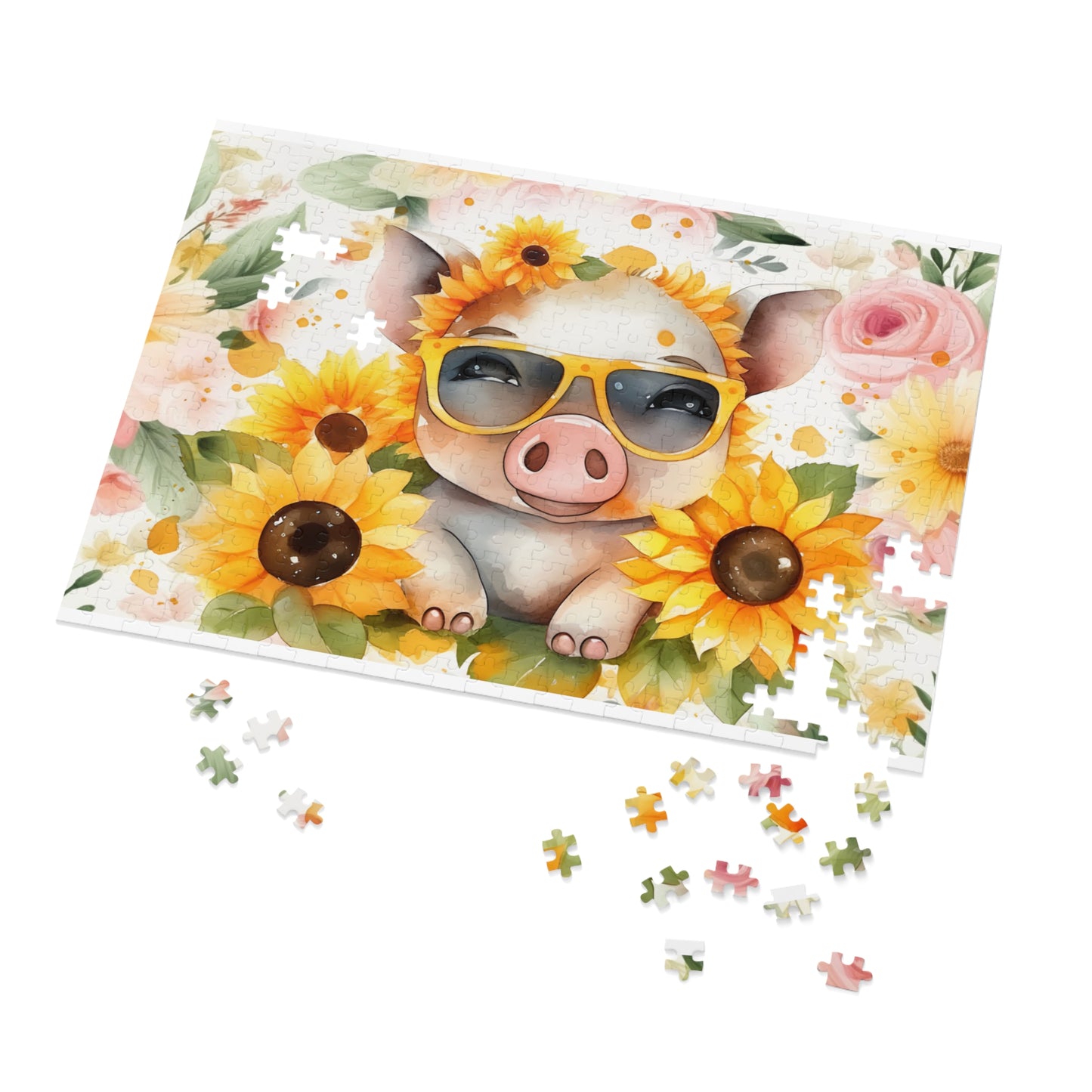 Puzzle, Pig, Sunflowers, Personalised/Non-Personalised (30, 110, 252, 500,1000-Piece) awd-657