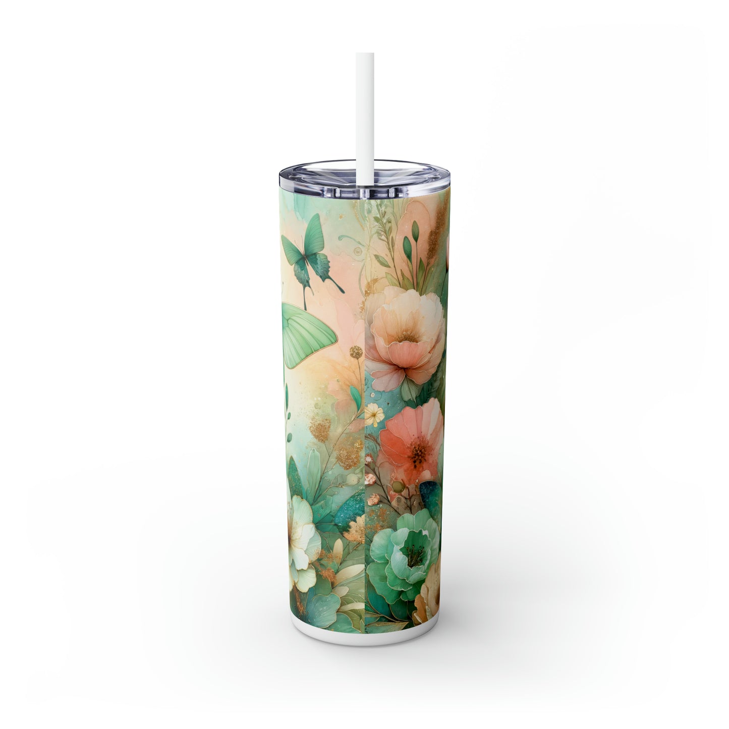 Skinny Tumbler with Straw, 20oz, Floral Butterflies, awd-716