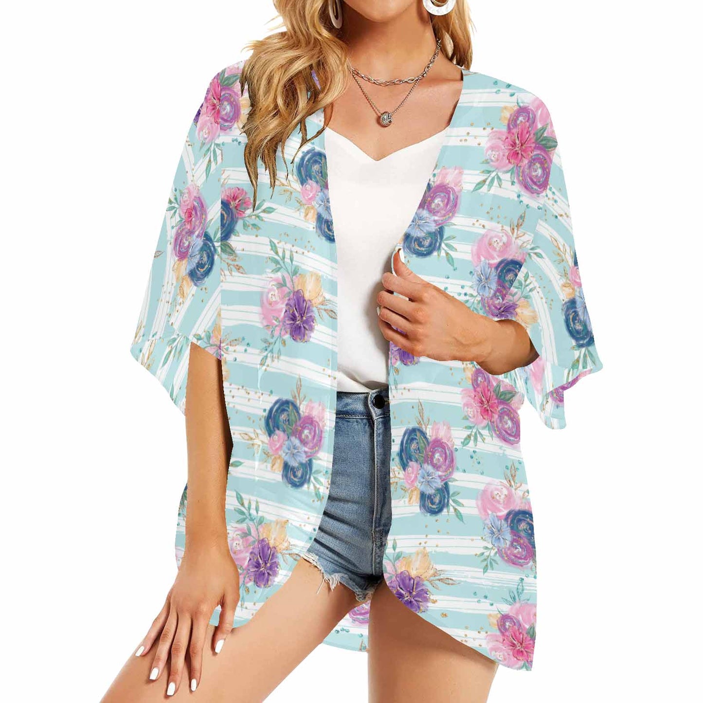 Purple and Pink floral Blue Stripes  Women's Kimono Chiffon Cover Up