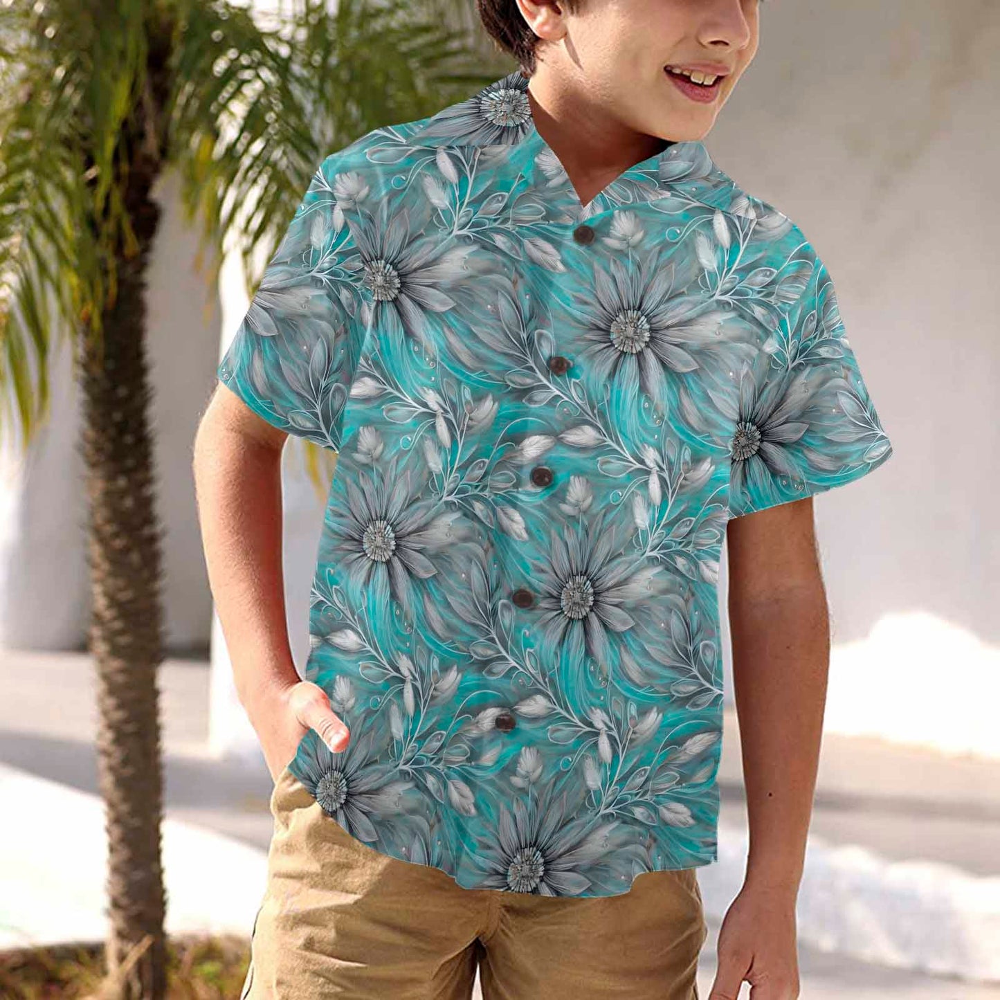 Green Elegant Floral 25  Little Boys Hawaiian Shirt