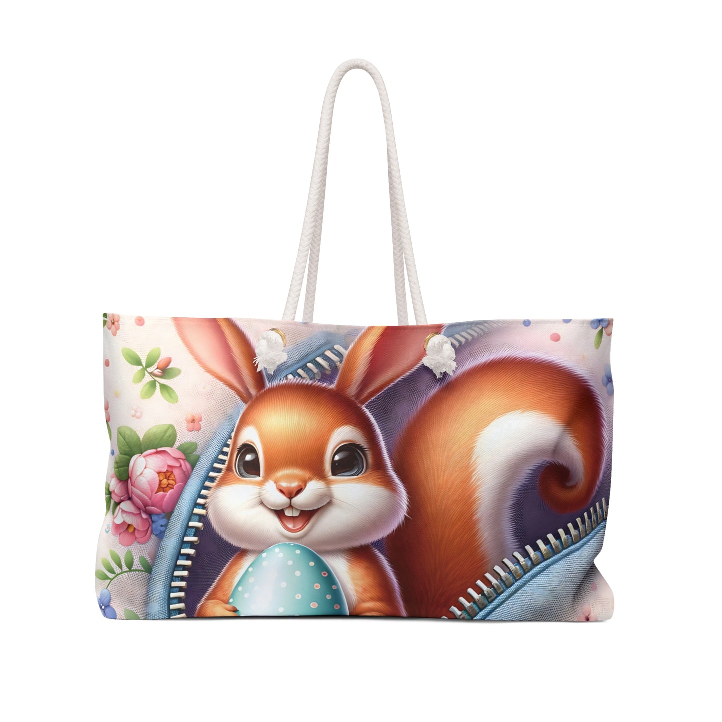 Personalised/Non-Personalised Weekender Bag, Easter, Cute Squirrel with Bunny Ears, Large Weekender Bag, Beach Bag, Book Bag