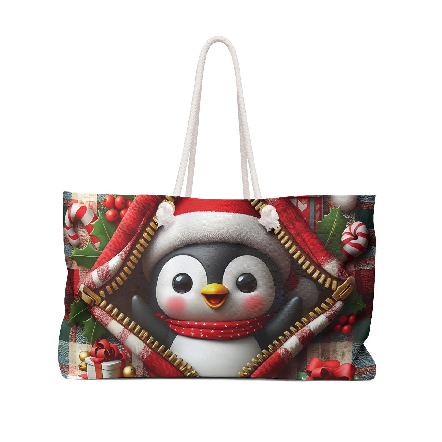 Personalised/Non-Personalised Weekender Bag, Cute Penguin, Christmas, Tartan, Large Weekender Bag, Beach Bag, Book Bag