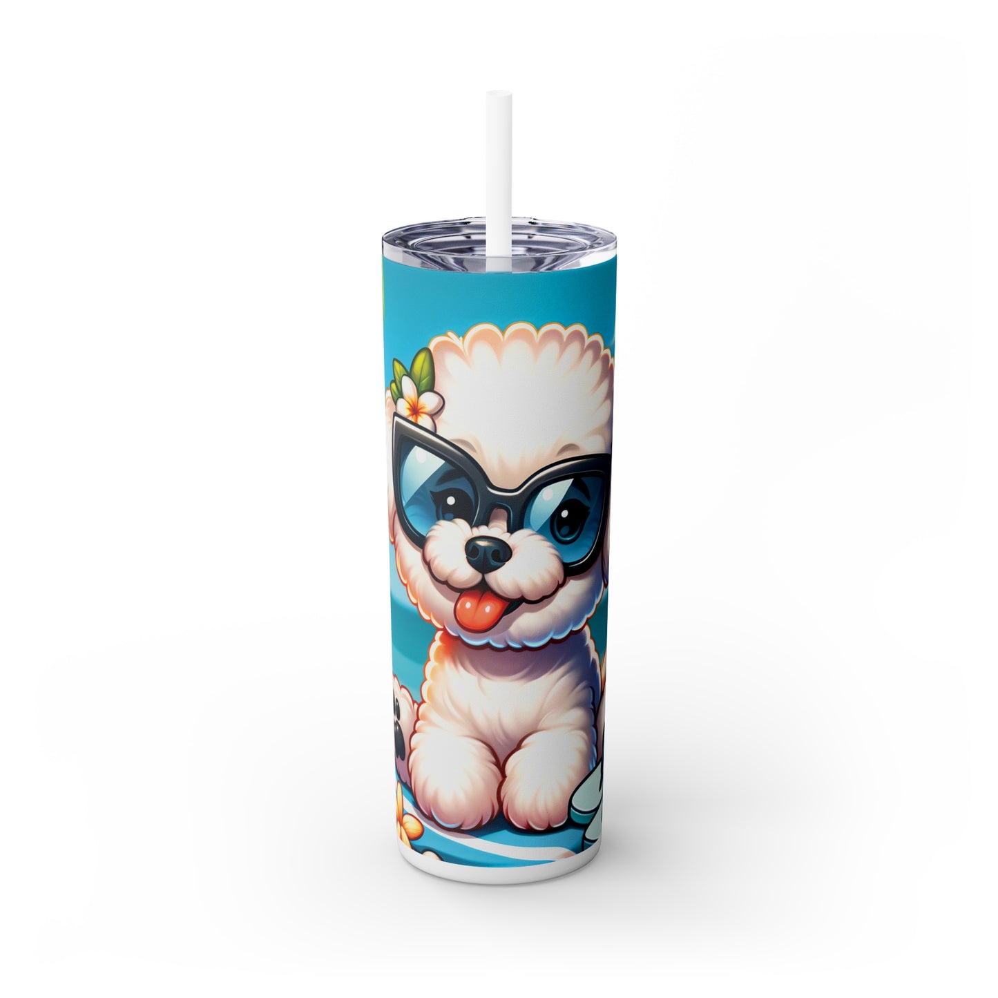 Skinny Tumbler with Straw, 20oz, Dog on Beach, Bichon Frise, awd-1107