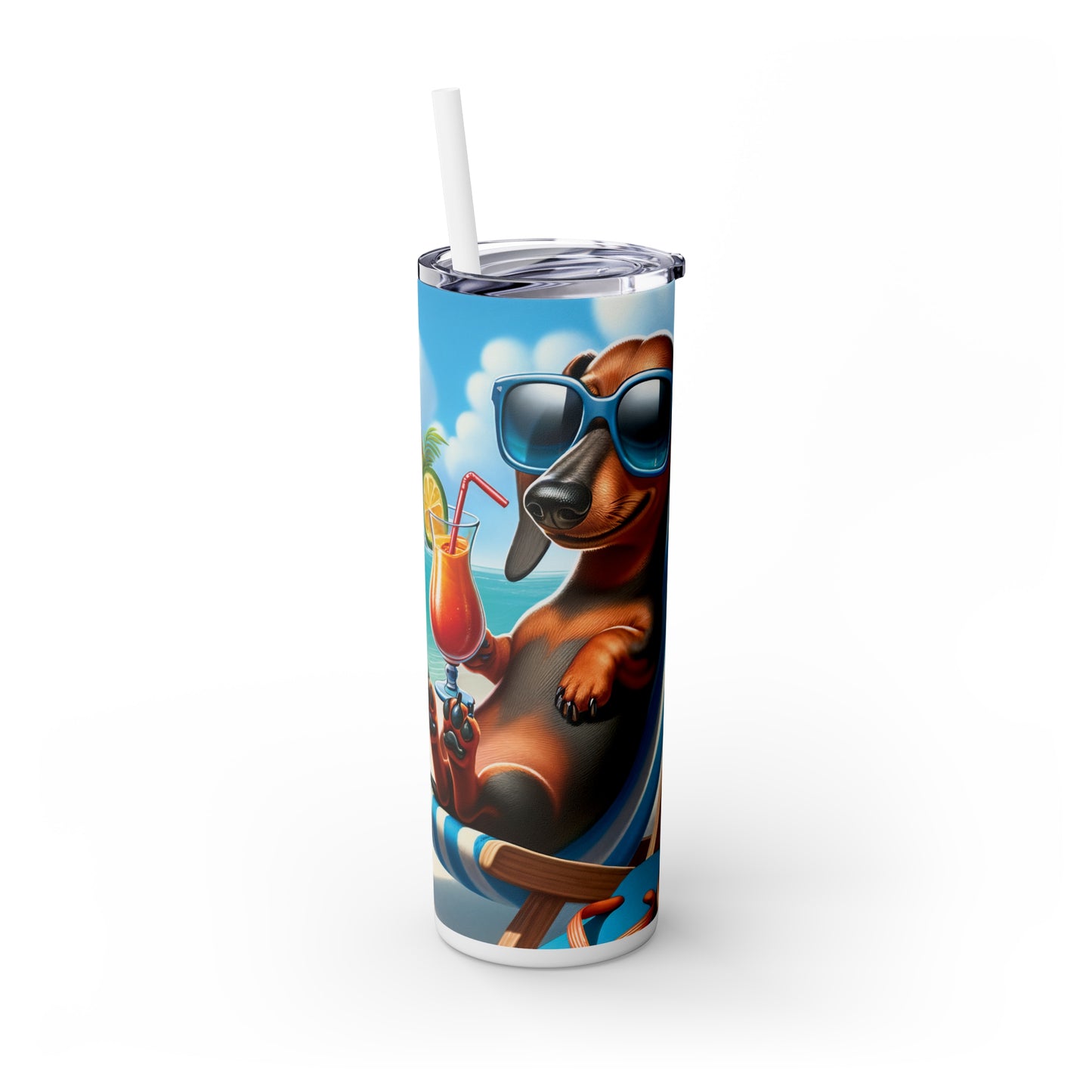 Skinny Tumbler with Straw, 20oz, Dog on Beach, Dachshund, awd-1208