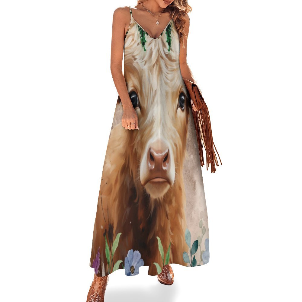 Highland Cow Spaghetti Strap Ankle-Length Dress Long dress