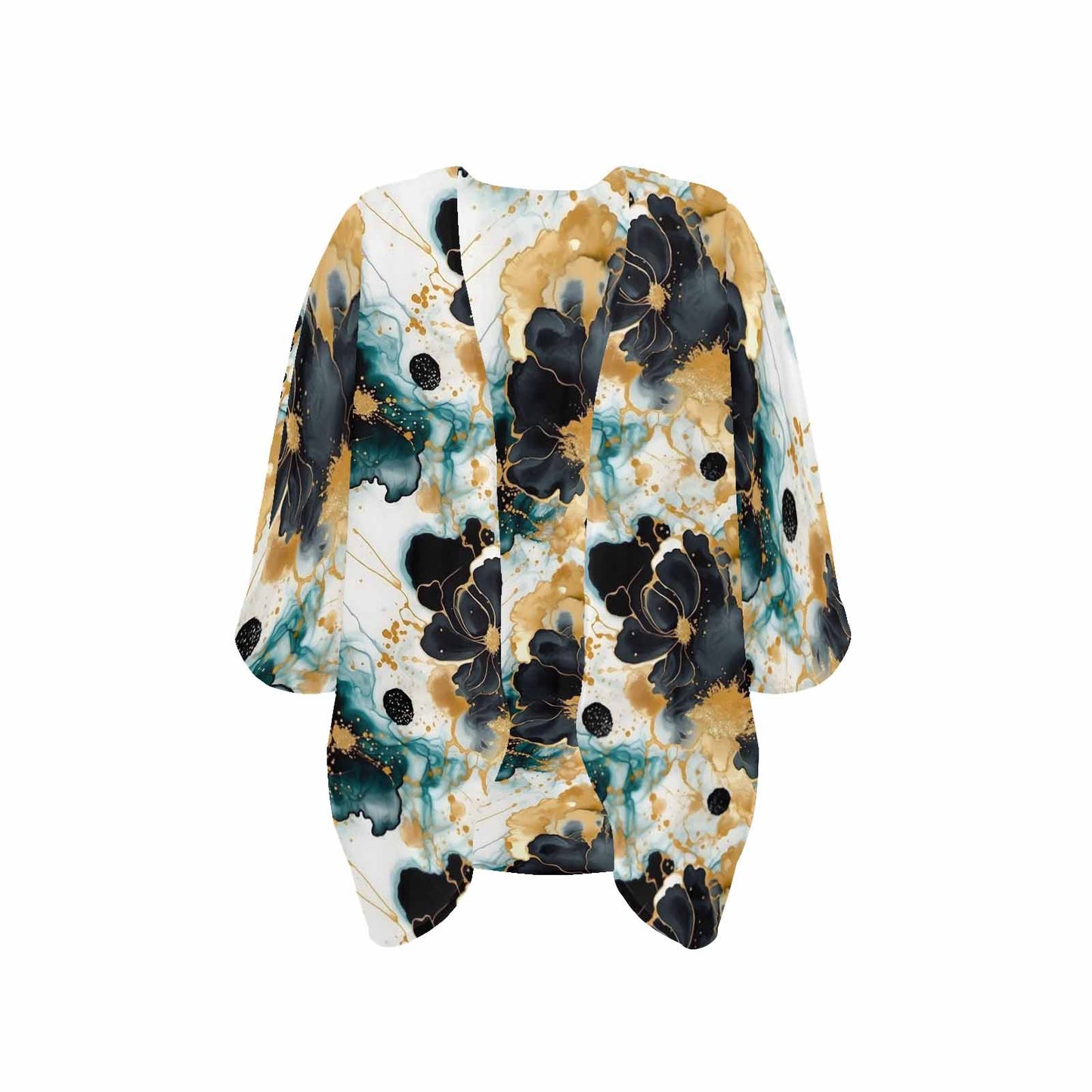 Black Gold & Green Ink Floral Women's Kimono Chiffon Cover Up