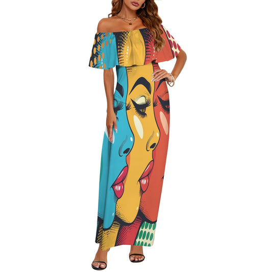 Pop art awd711 Women's Off Shoulder Ruffle Boat Neck Dress (Model D71)