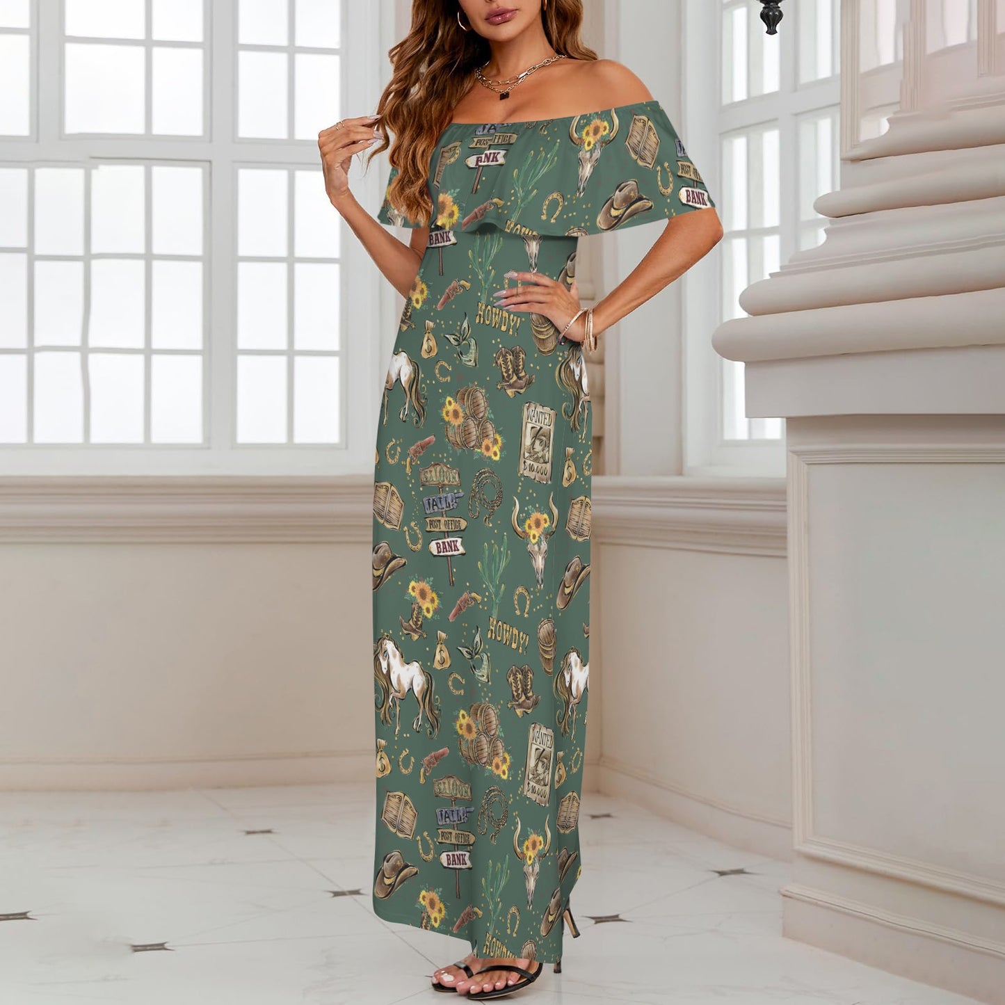 Howdy Cowboy Green Women's Off Shoulder Ruffle Boat Neck Dress (Model D71)