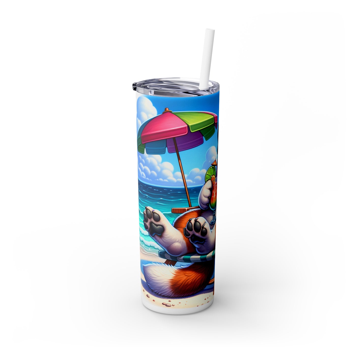 Skinny Tumbler with Straw, 20oz, Dog on Beach, St Bernard, awd-1246