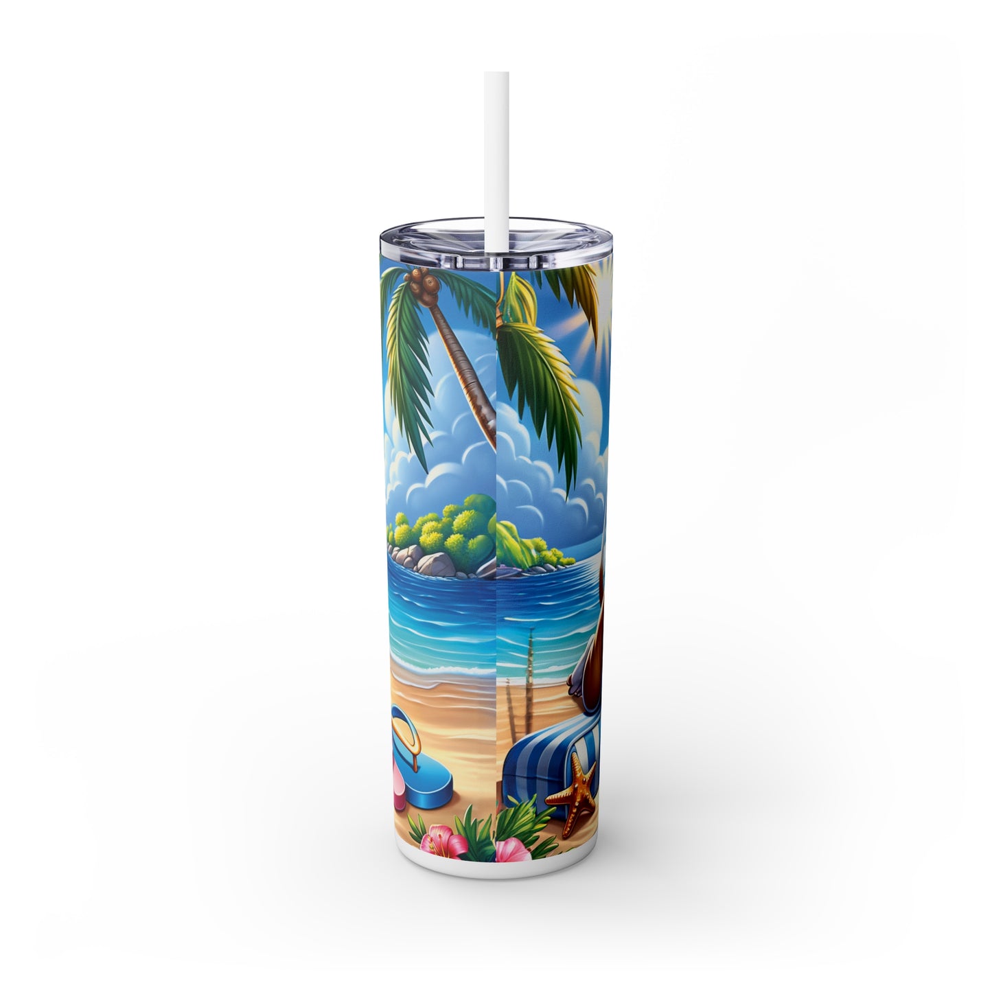 Skinny Tumbler with Straw, 20oz, Dog on Beach, Bull Terrier, awd-1201