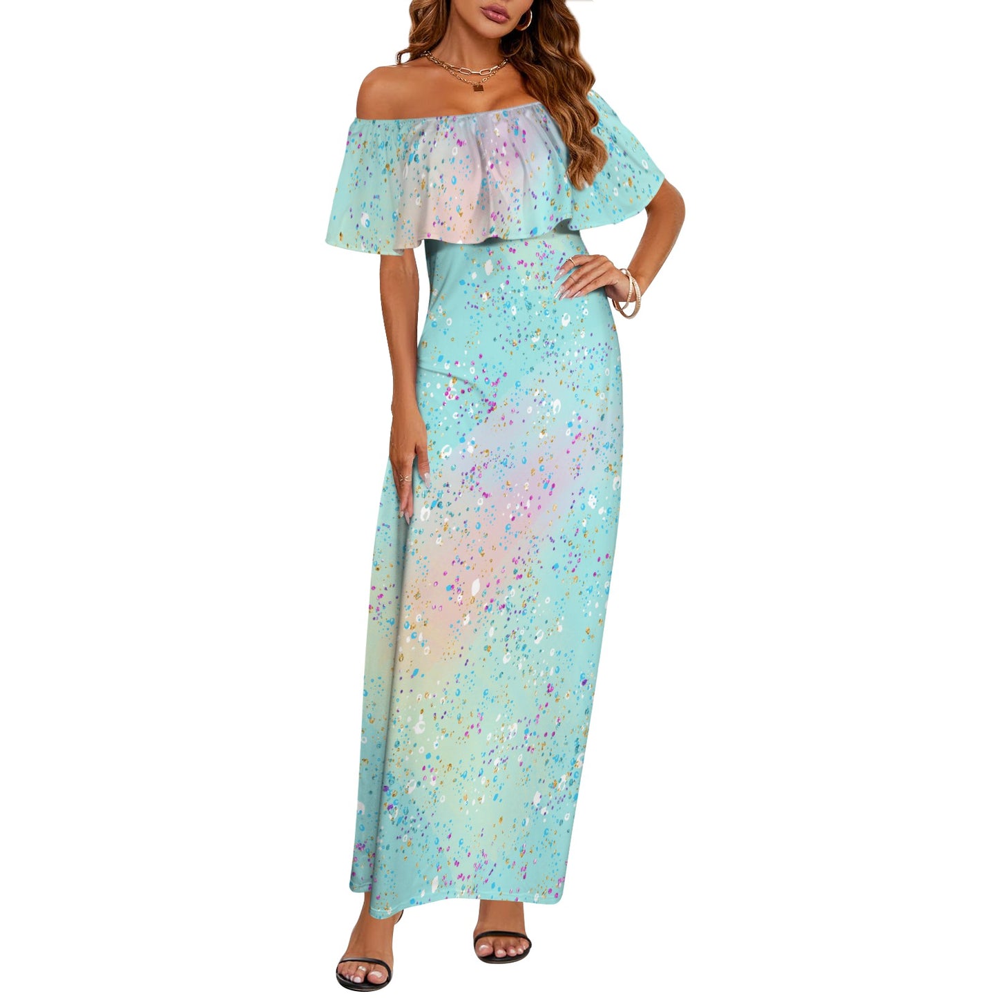 Green Splash Women's Off Shoulder Ruffle Boat Neck Dress (Model D71)