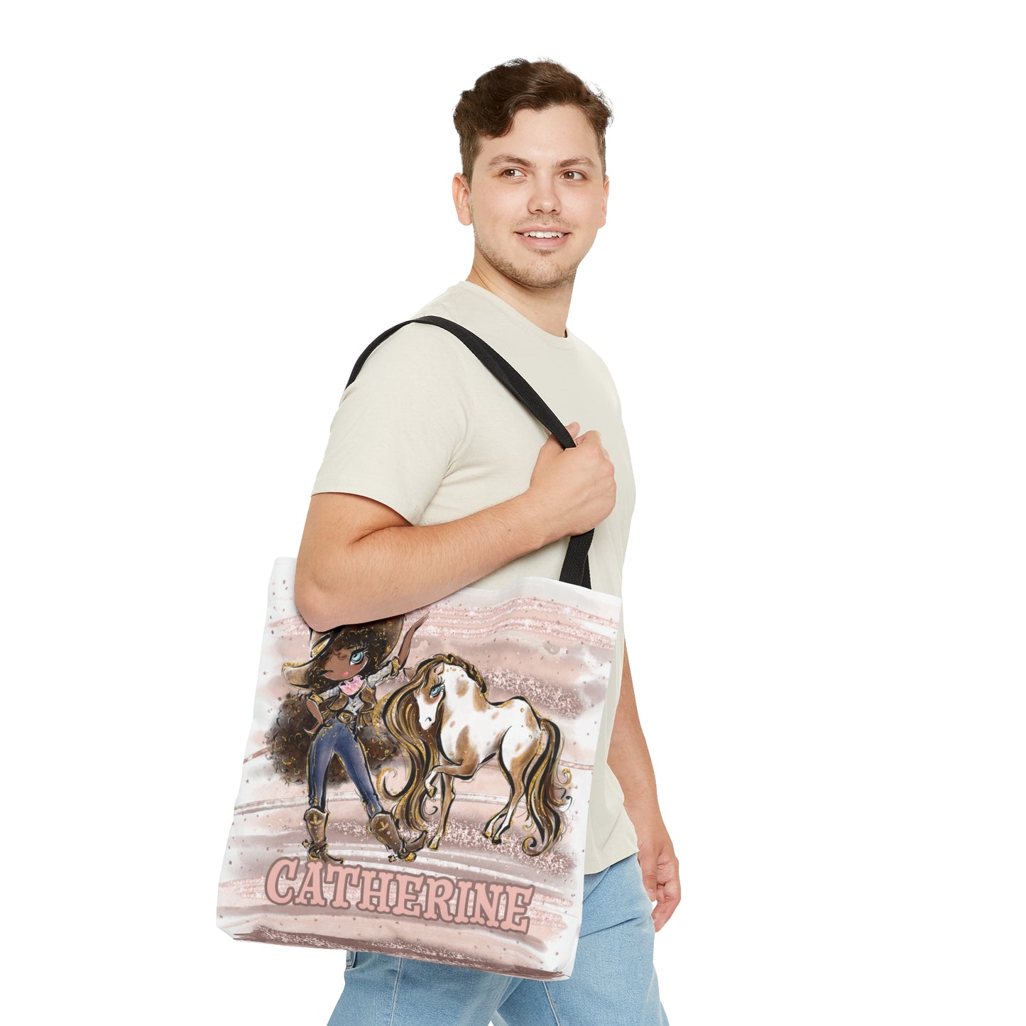 Personalised Tote Bag, Cowgirl & Horse, Brown Curly Hair, Olive Skin, Blue Eyes, Tote bag