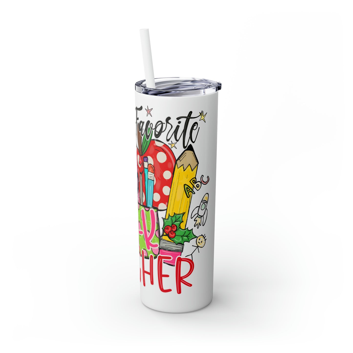 Skinny Tumbler with Straw, 20oz,  Santa's Favorite Pre-K Teacher