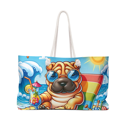 Personalised/Non-Personalised Weekender Bag, Summer Beach Dog, Shar Pei, Large Weekender Bag, Beach Bag, Book Bag